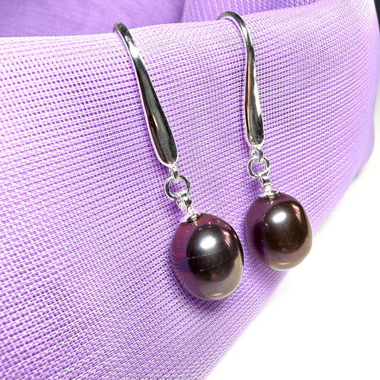 Real freshwater grey black pearl dropped earrings sterling silver