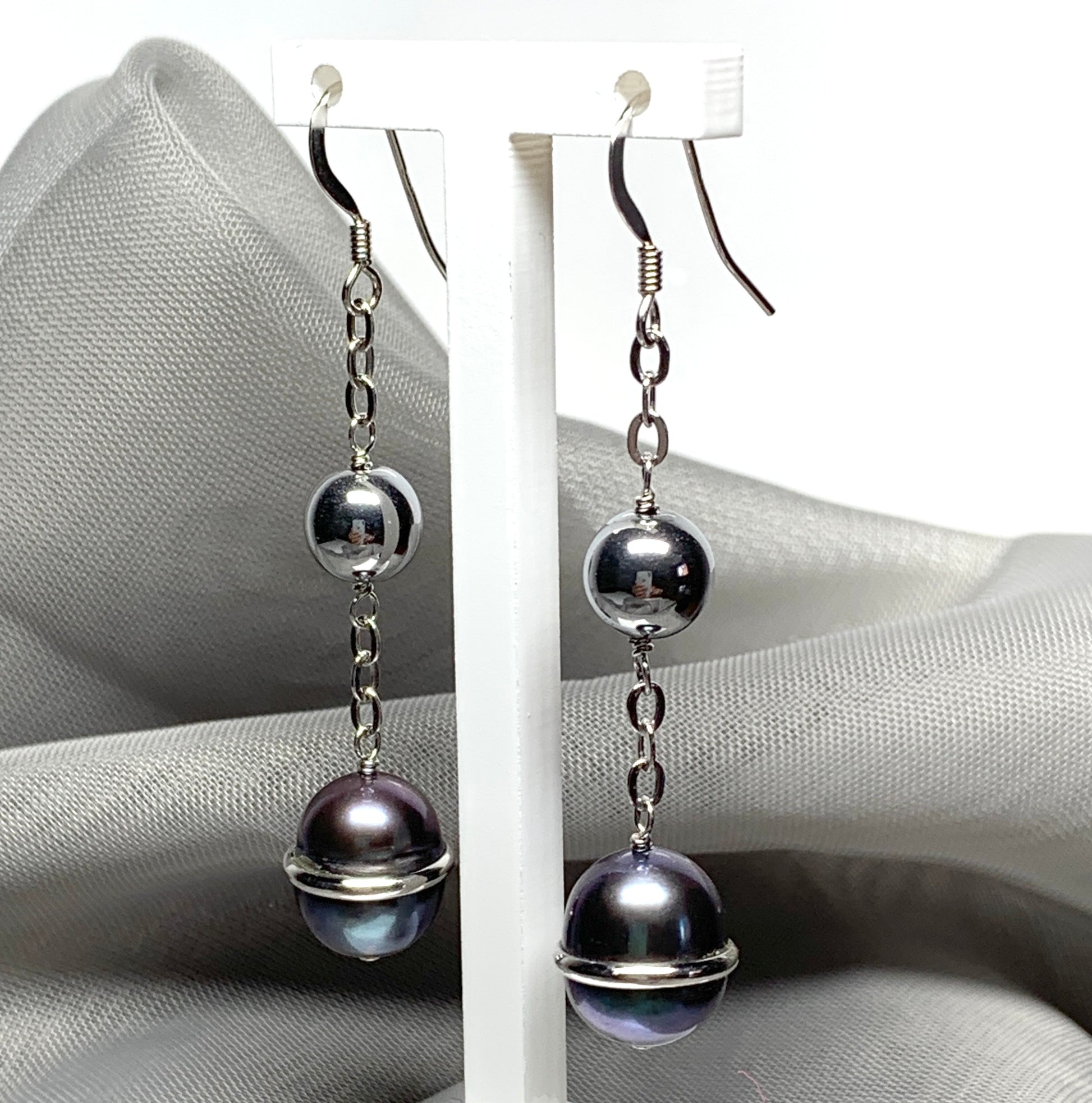 Real freshwater grey black pearl sterling silver drop earrings