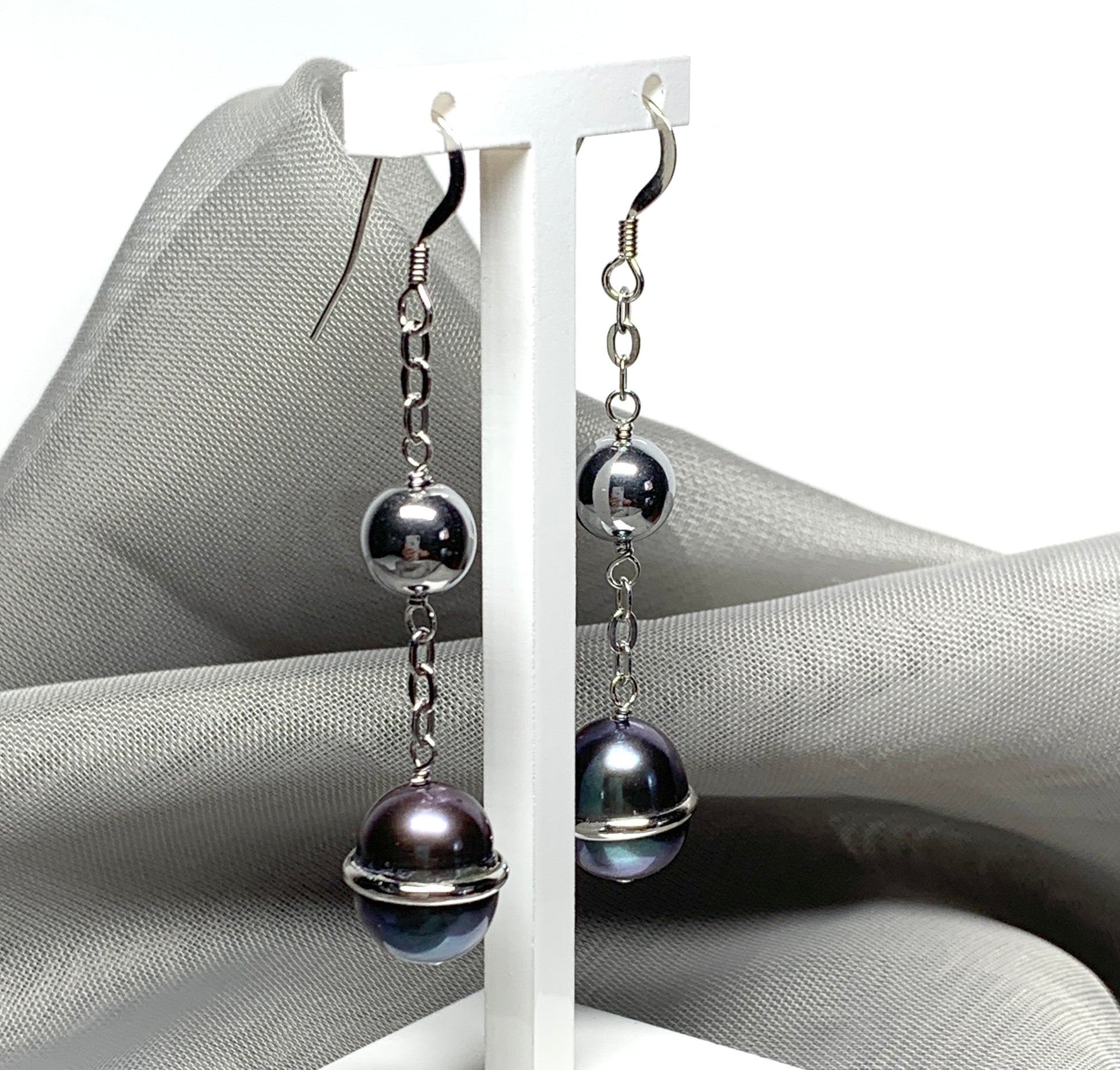 Real freshwater grey black pearl sterling silver drop earrings