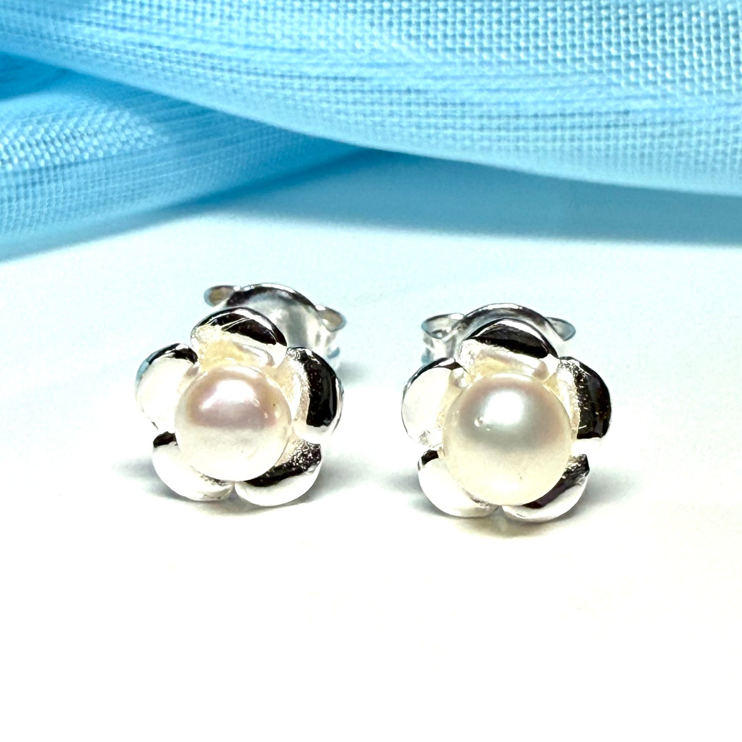 Real freshwater pearl flower sterling silver petal stud earrings