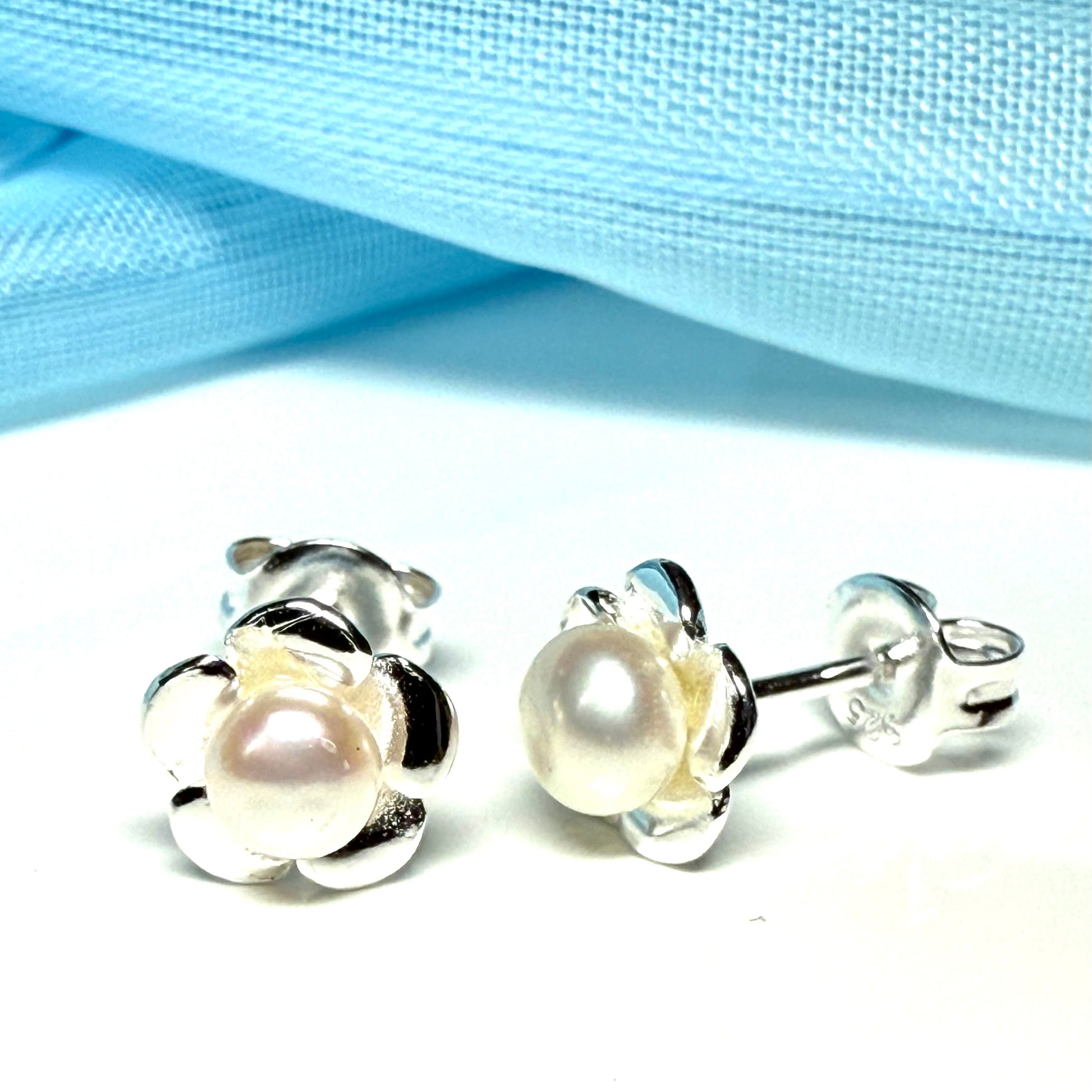 Real freshwater pearl flower sterling silver petal stud earrings