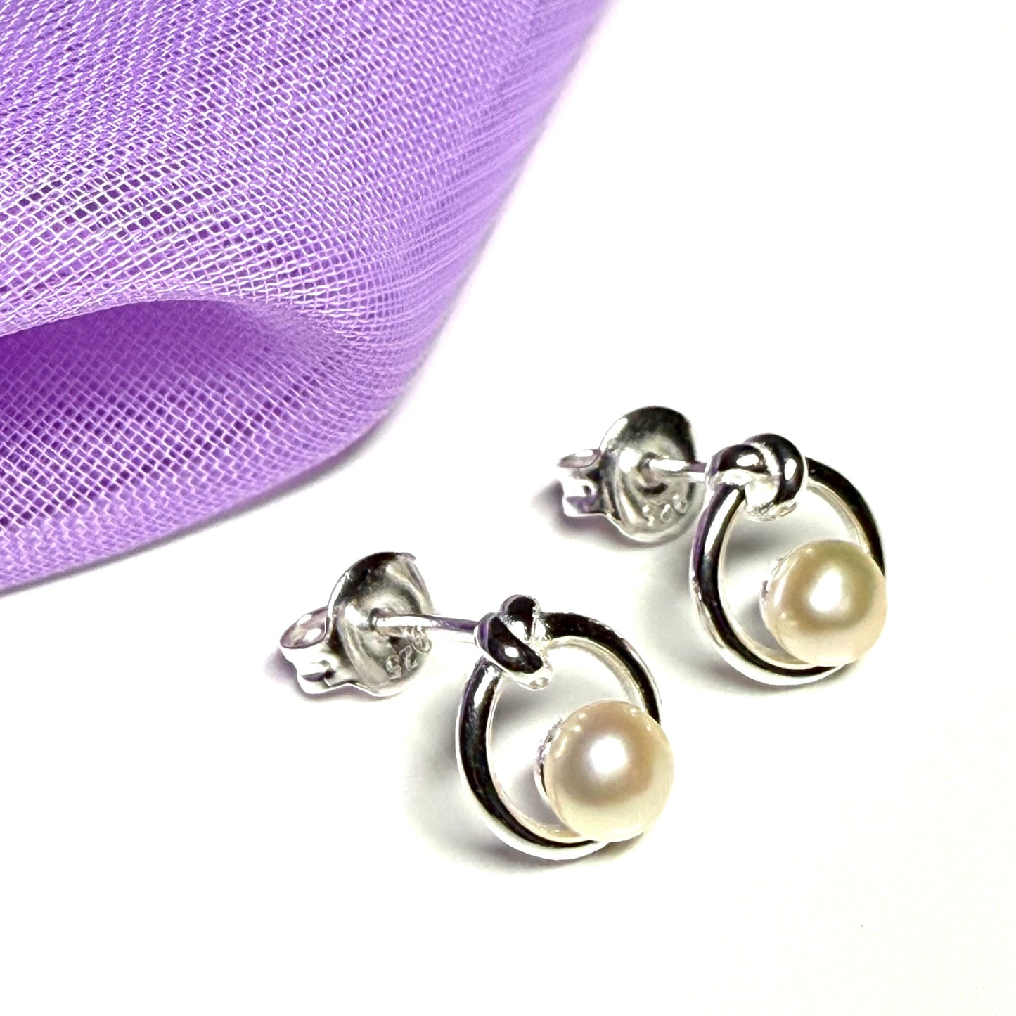 Real freshwater round knot circle sterling silver stud earrings