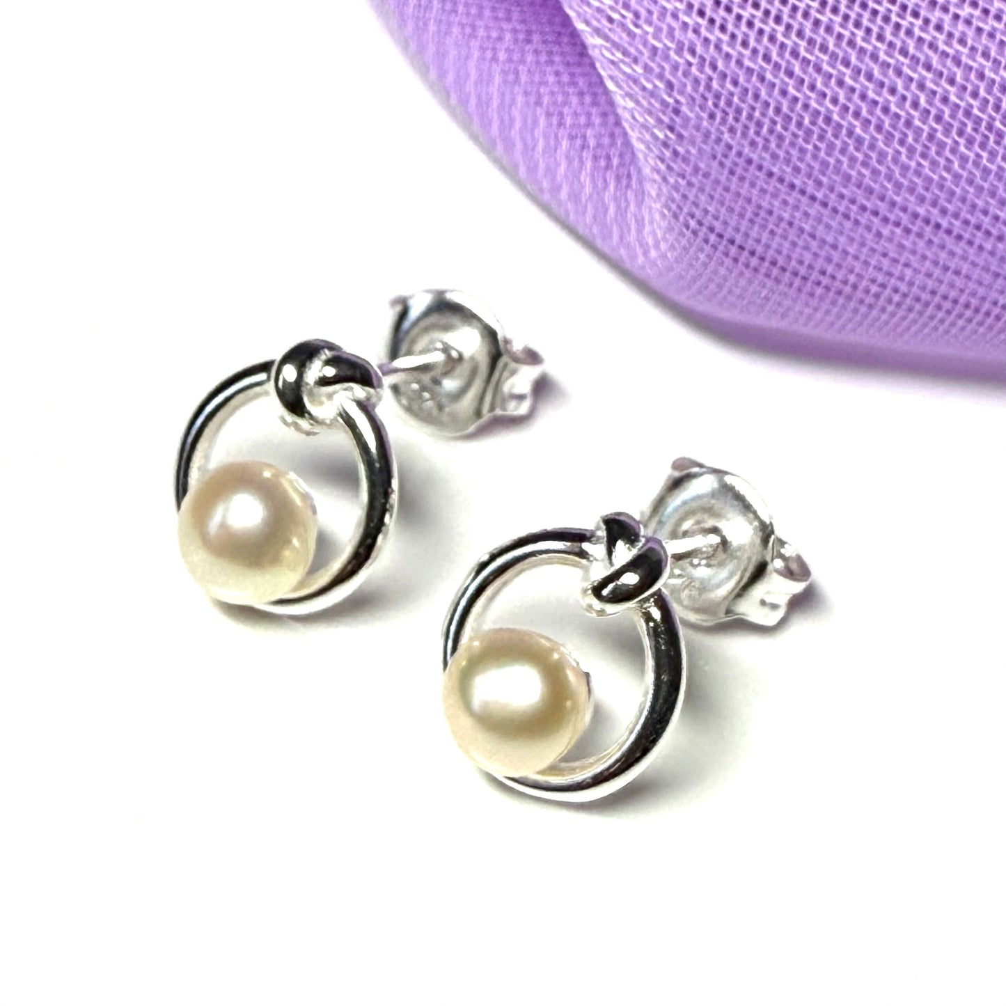Real freshwater round knot circle sterling silver stud earrings