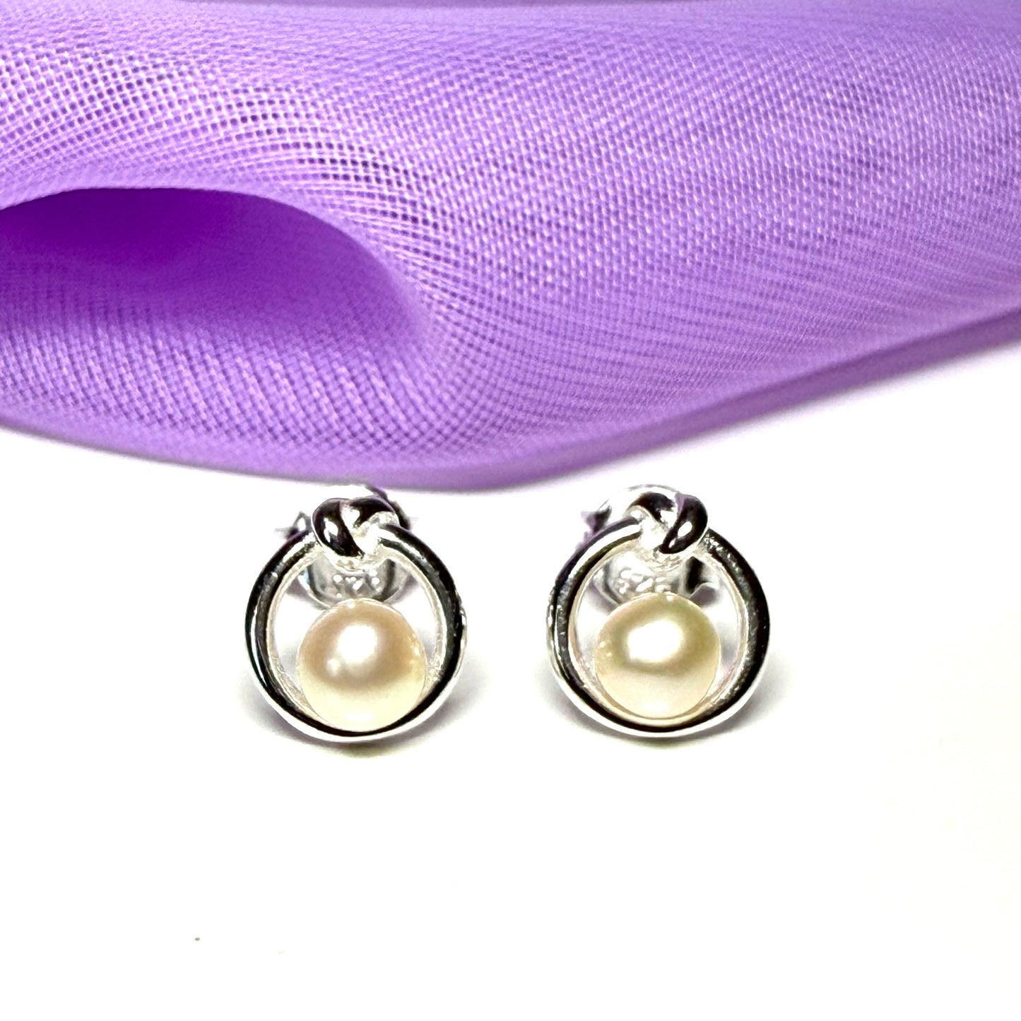 Real freshwater round knot circle sterling silver stud earrings