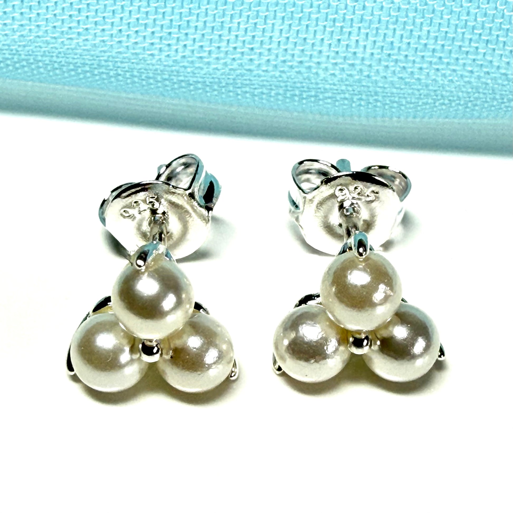 Real freshwater triple pearl stud earrings sterling silver