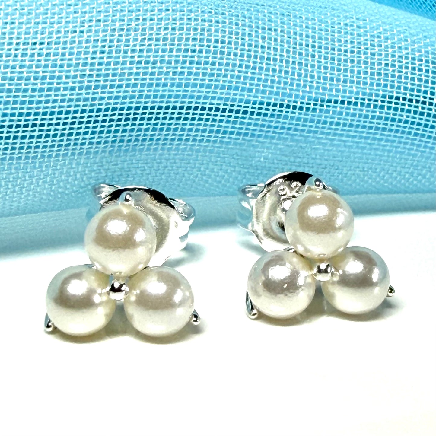 Real freshwater triple pearl stud earrings sterling silver