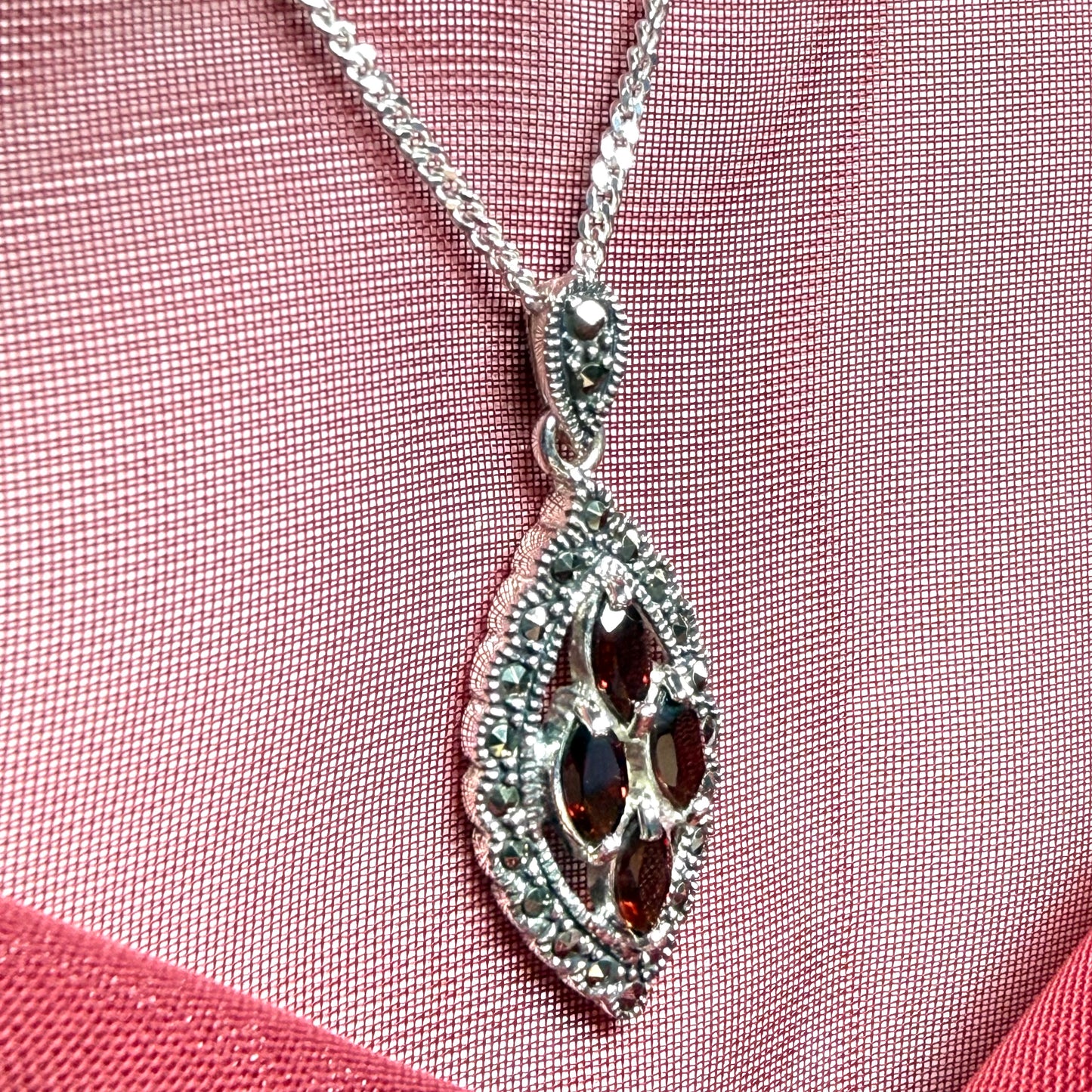 Real garnet and marcasite sterling silver red brown marquise shaped necklace