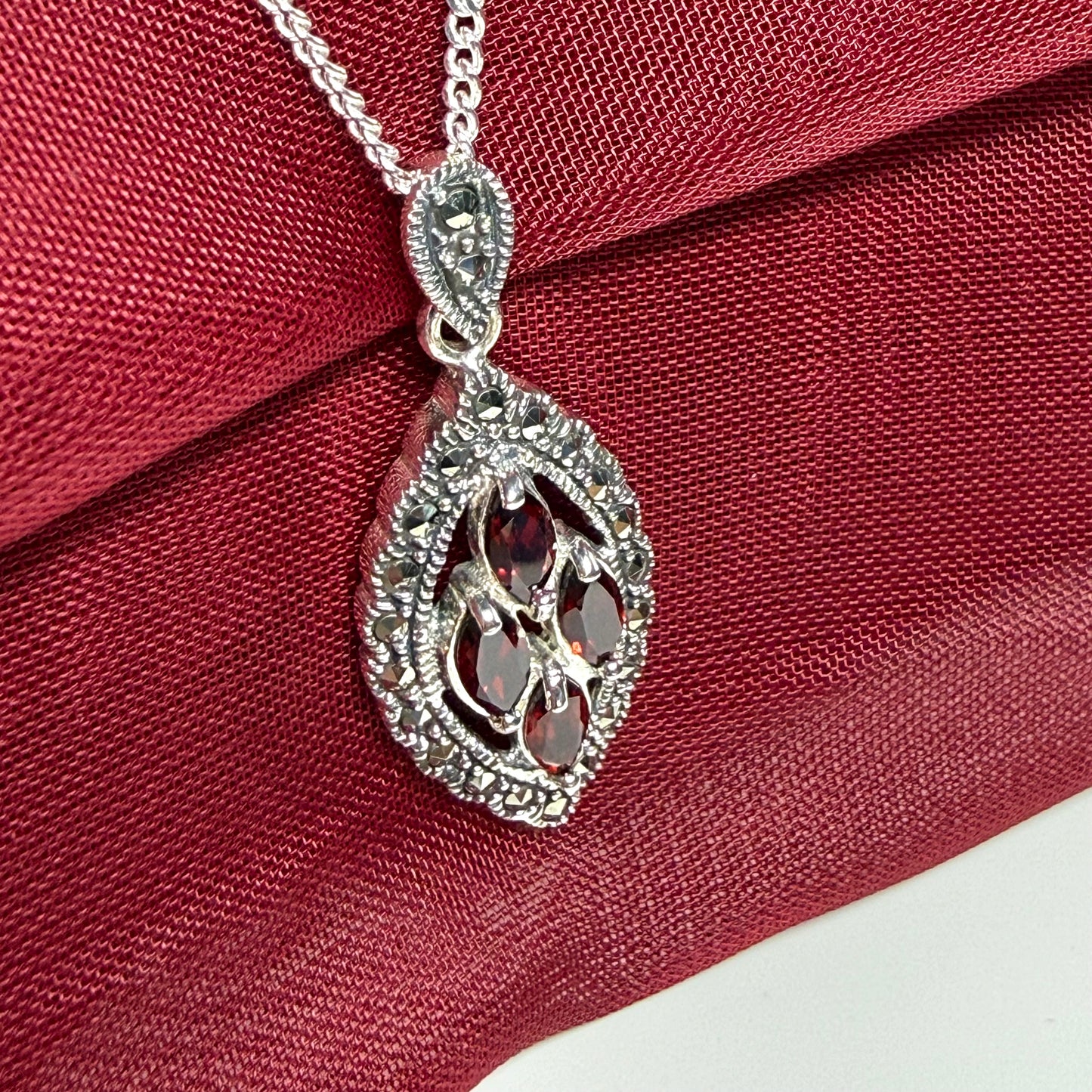 Real garnet and marcasite sterling silver red brown marquise shaped necklace