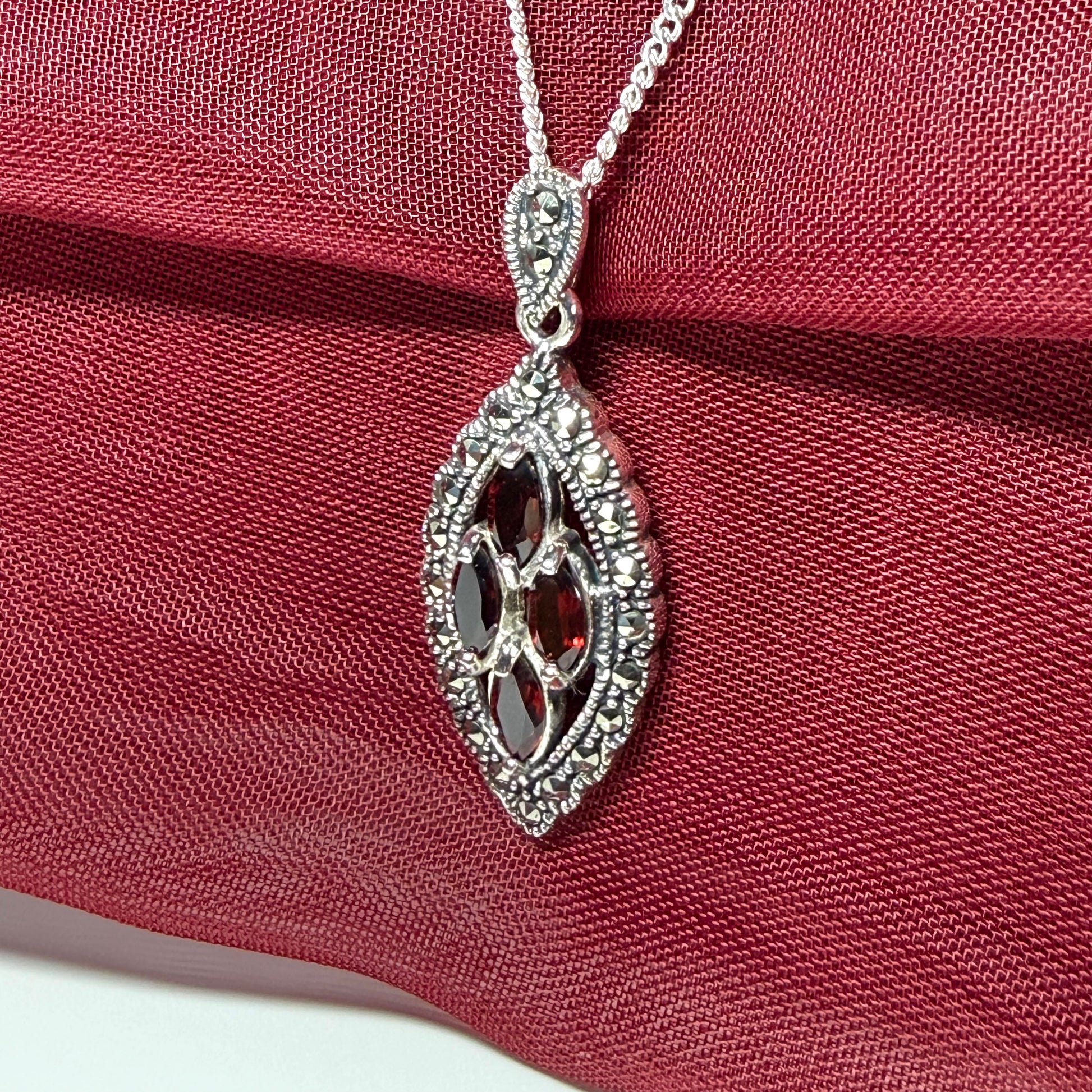 Real garnet and marcasite sterling silver red brown marquise shaped necklace