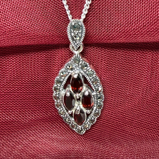 Real garnet and marcasite sterling silver red brown marquise shaped necklace