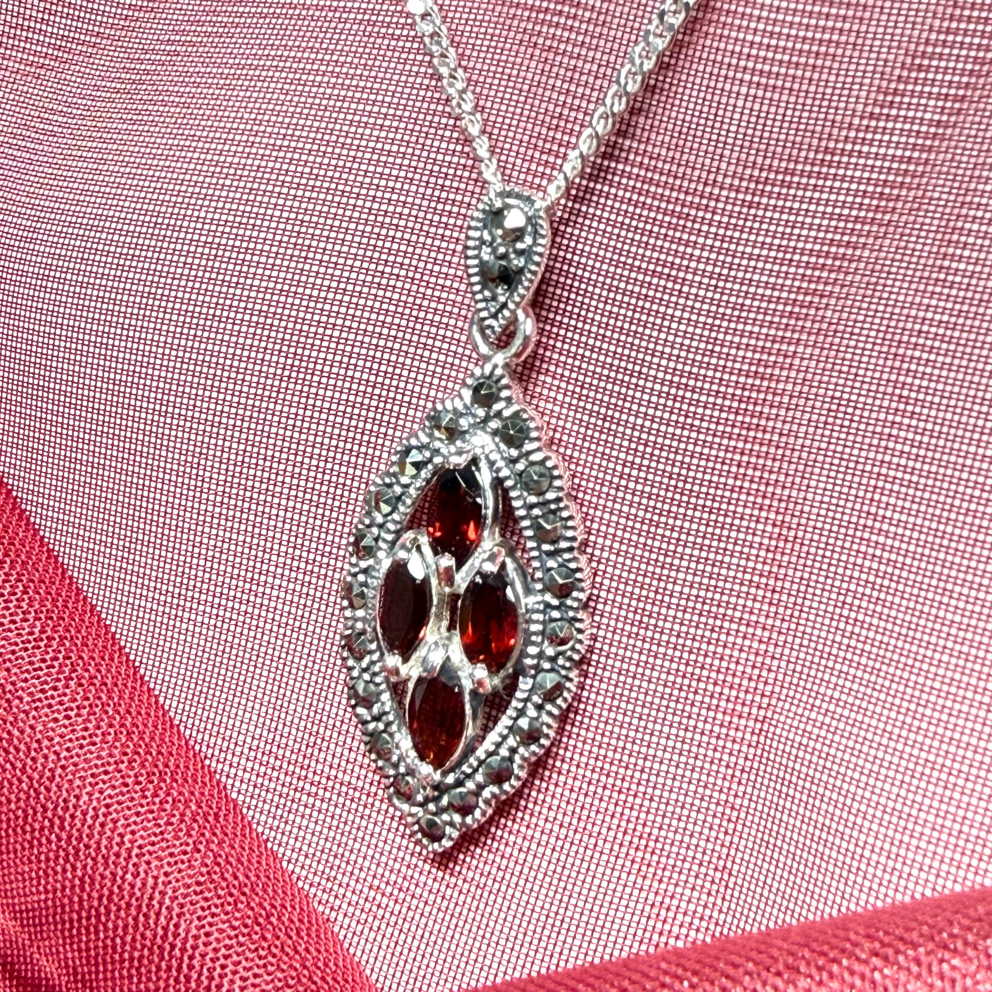 Real garnet and marcasite sterling silver red brown marquise shaped necklace