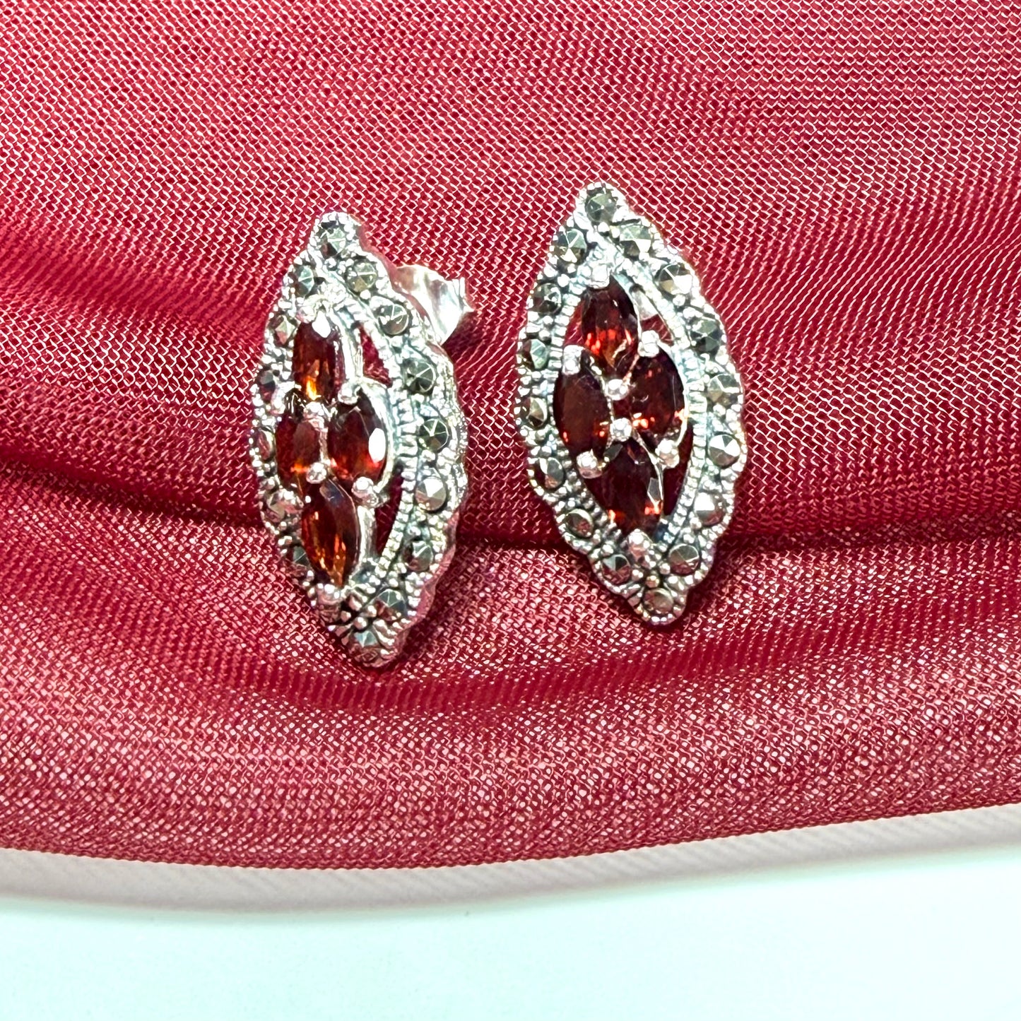 Real garnet and marcasite stud earrings dropped sterling silver red brown marquise shaped