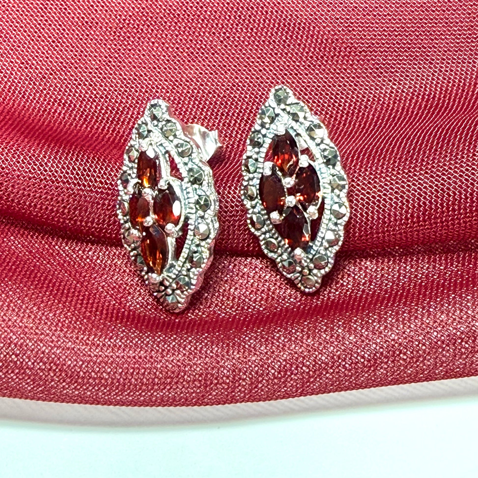 Real garnet and marcasite stud earrings dropped sterling silver red brown marquise shaped