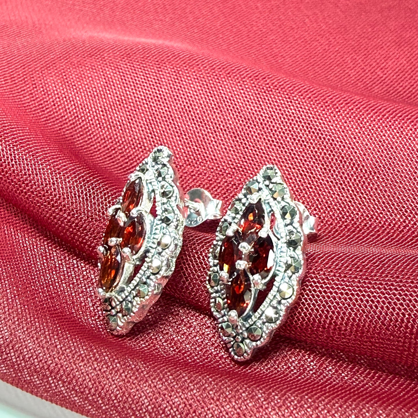 Real garnet and marcasite stud earrings dropped sterling silver red brown marquise shaped