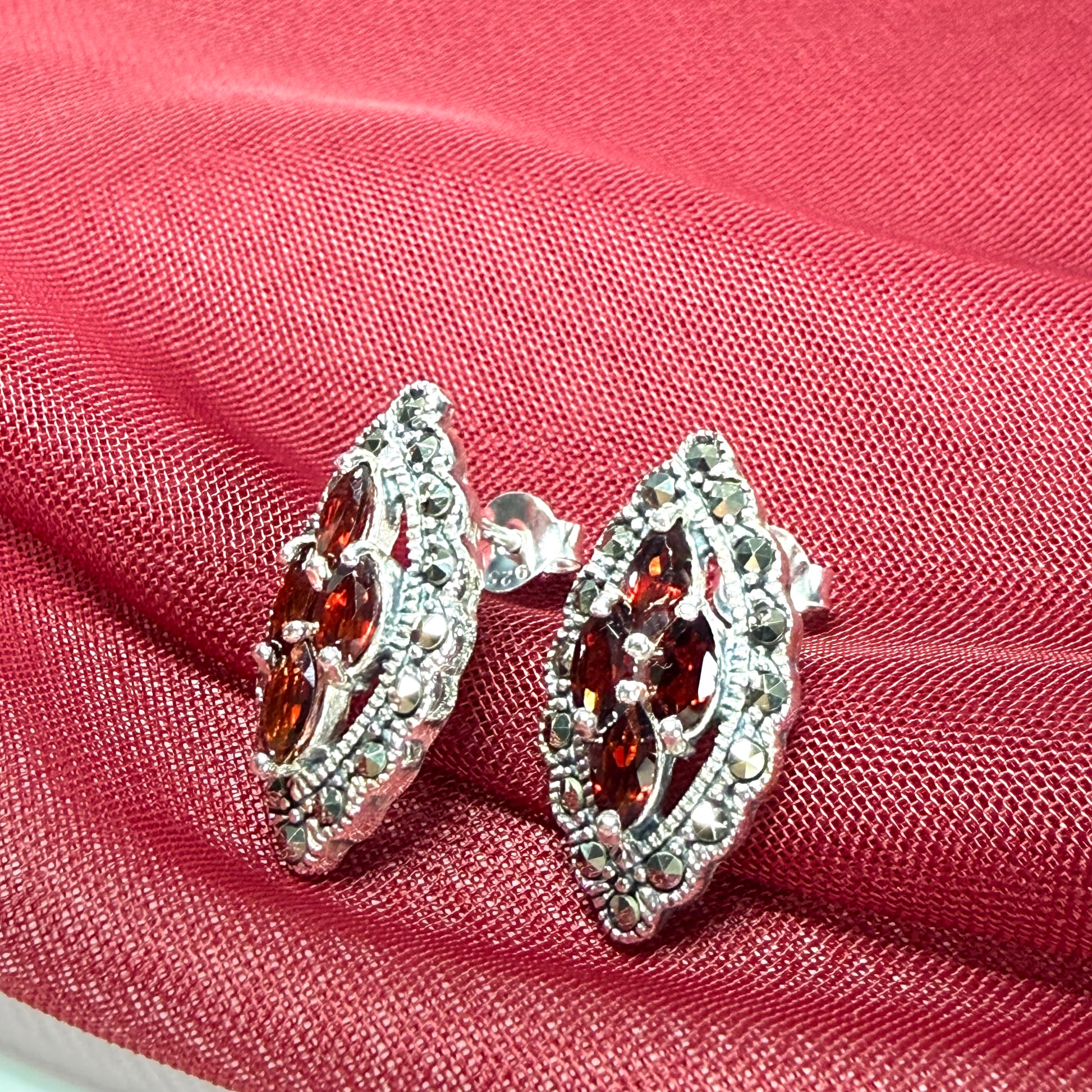 Real garnet and marcasite stud earrings dropped sterling silver red brown marquise shaped