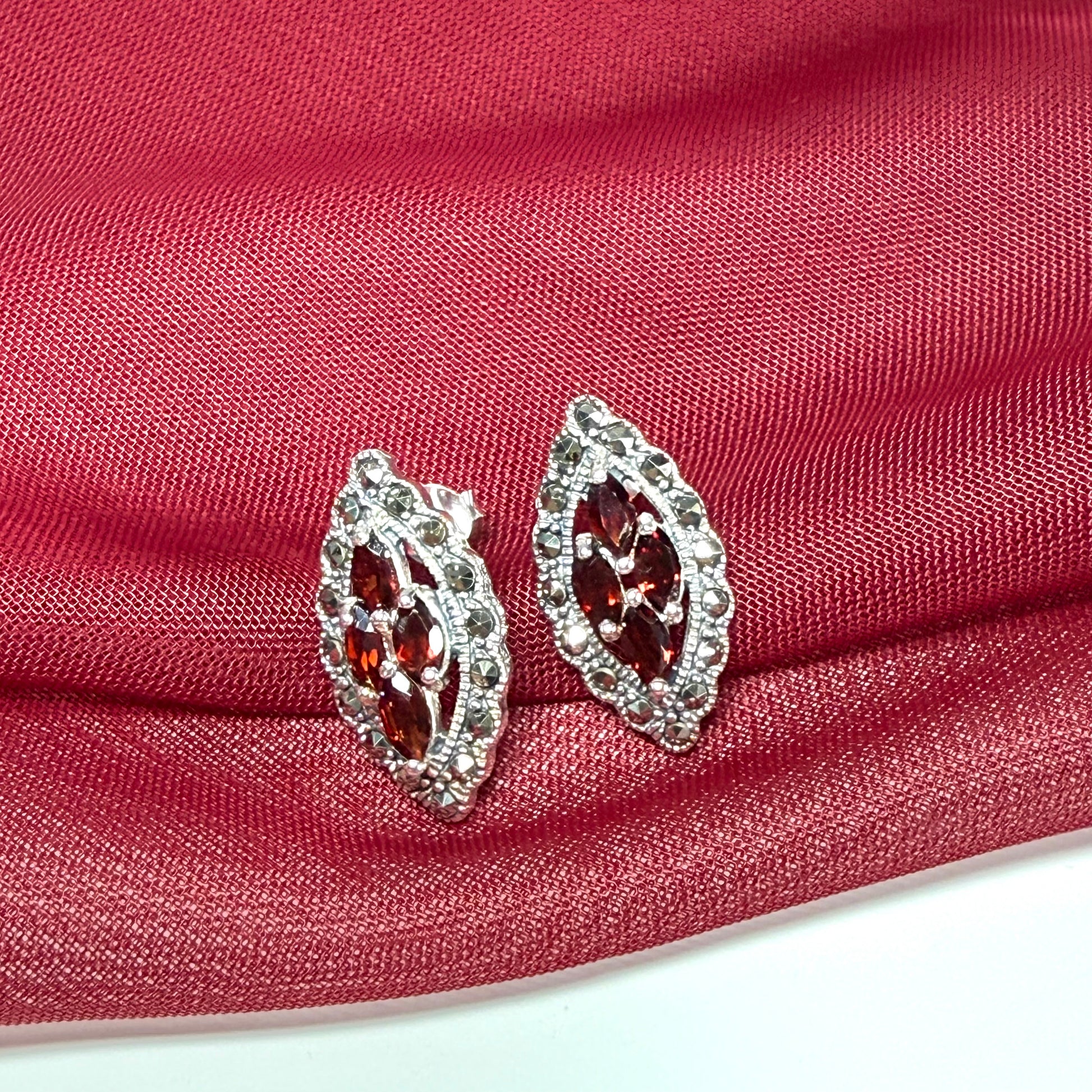 Real garnet and marcasite stud earrings dropped sterling silver red brown marquise shaped