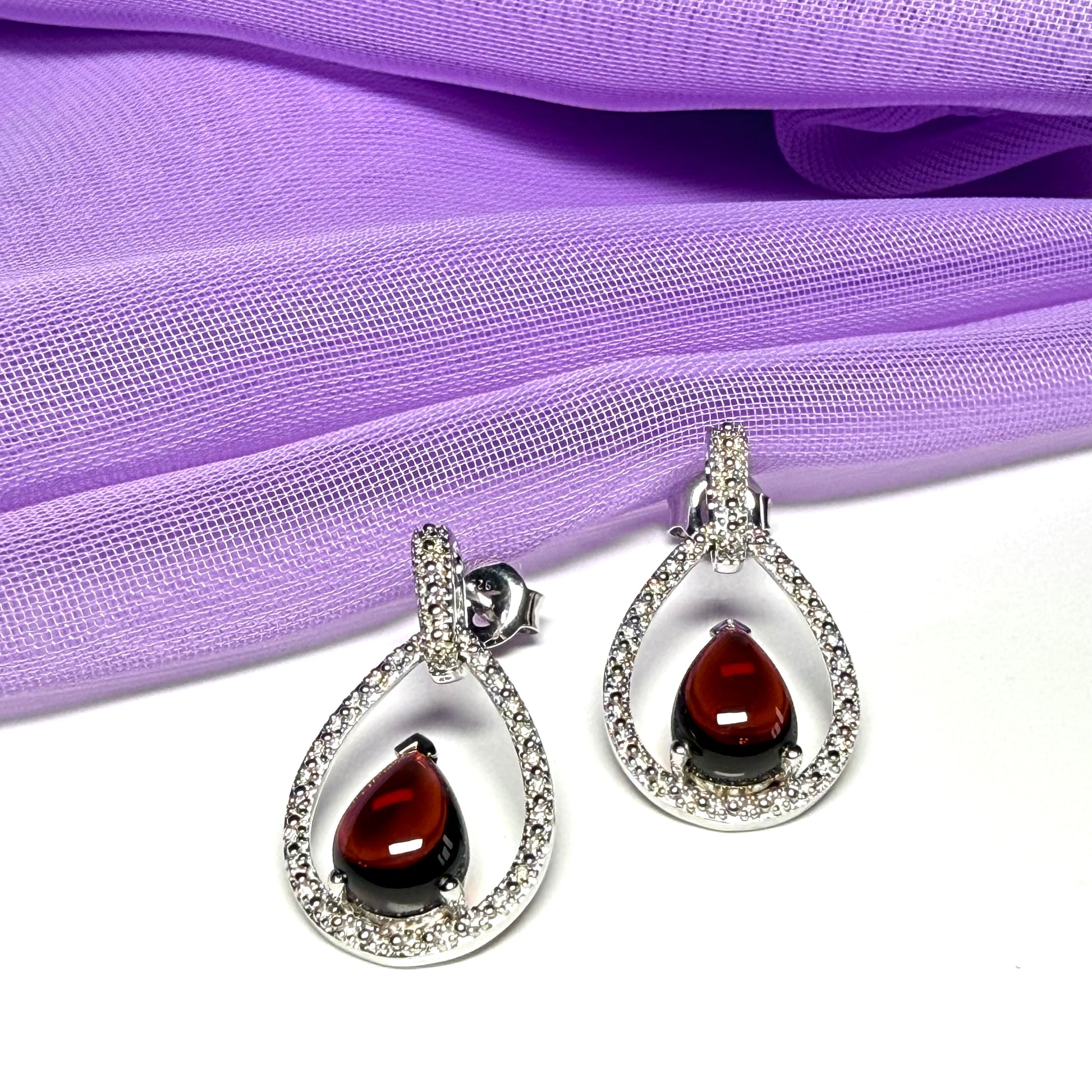 Real garnet drop earrings and real cubic zirconia open pierced sterling silver