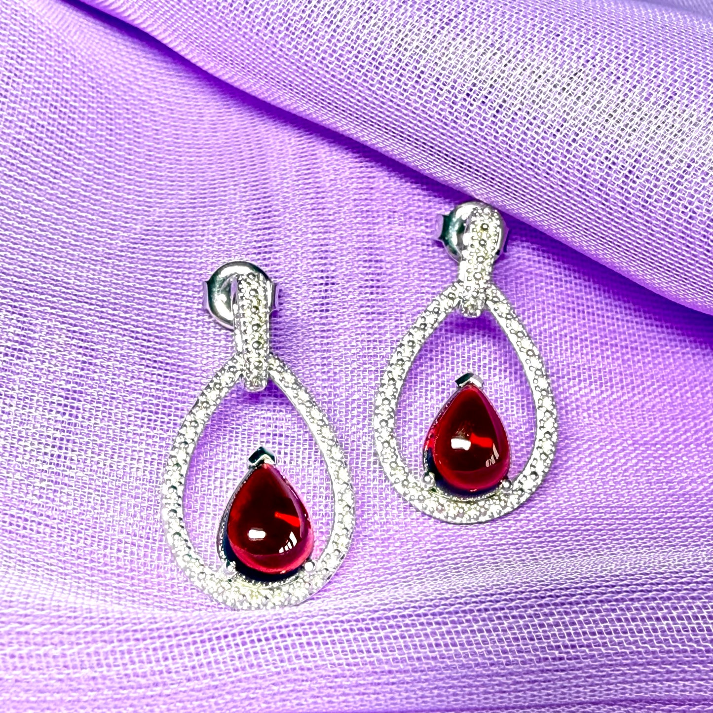 Real garnet drop earrings and real cubic zirconia open pierced sterling silver