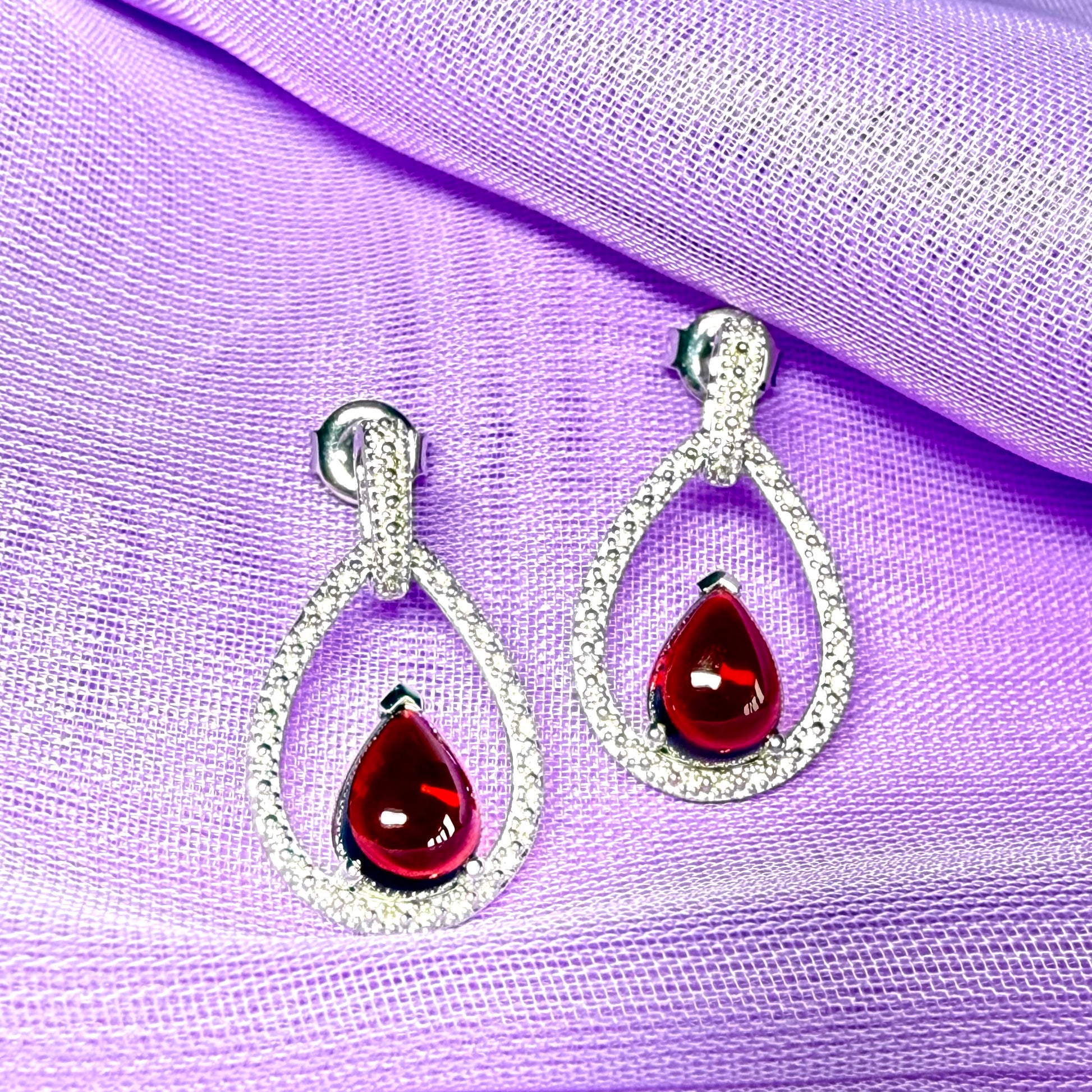 Real garnet drop earrings and real cubic zirconia open pierced sterling silver