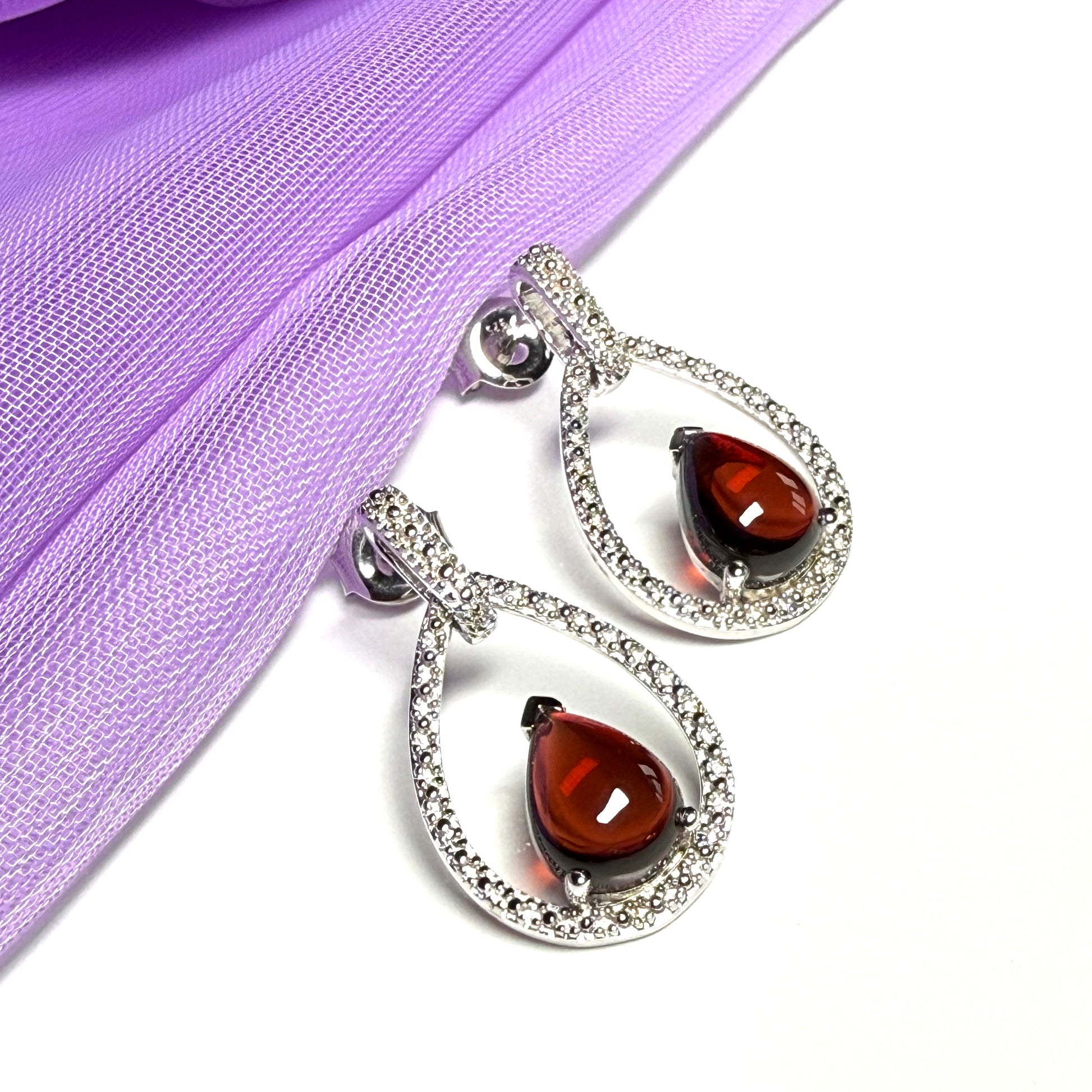 Real garnet drop earrings and real cubic zirconia open pierced sterling silver
