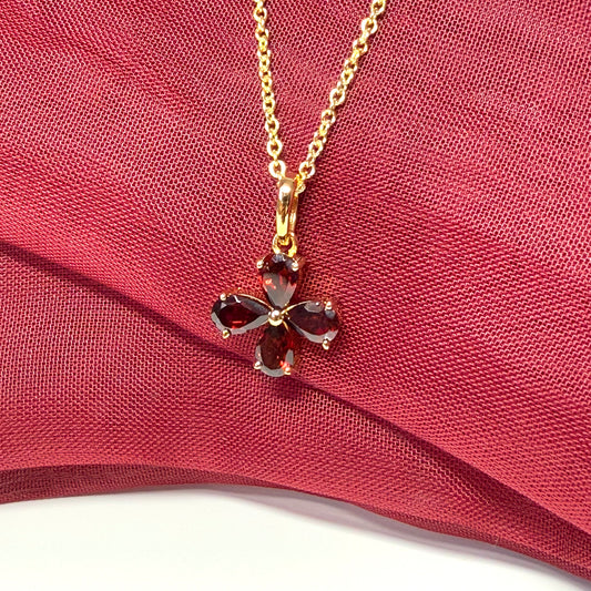 Real garnet red flower petal necklace smooth rubbed over setting sterling silver gilt pendant gold plated