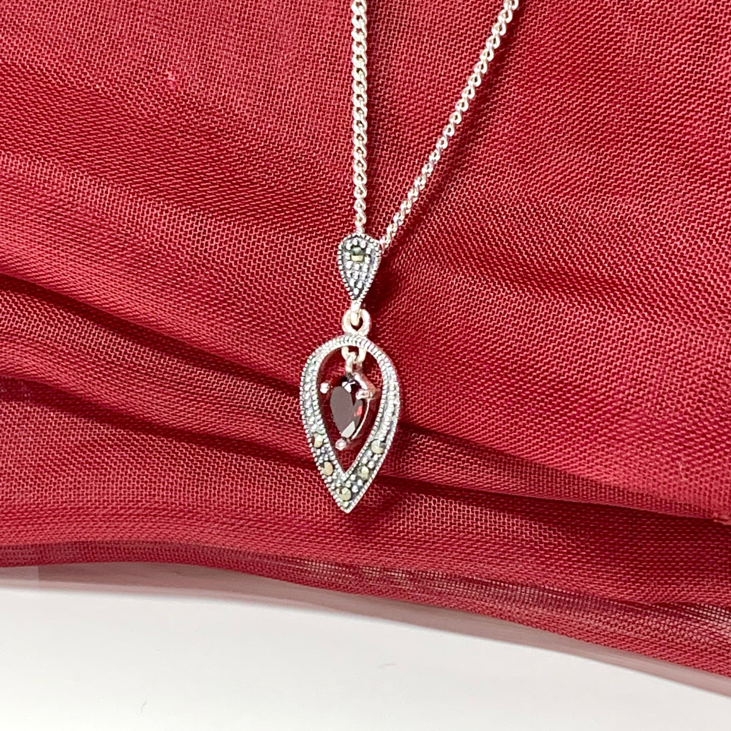 Real garnet necklace with marcasite sterling silver pendant
