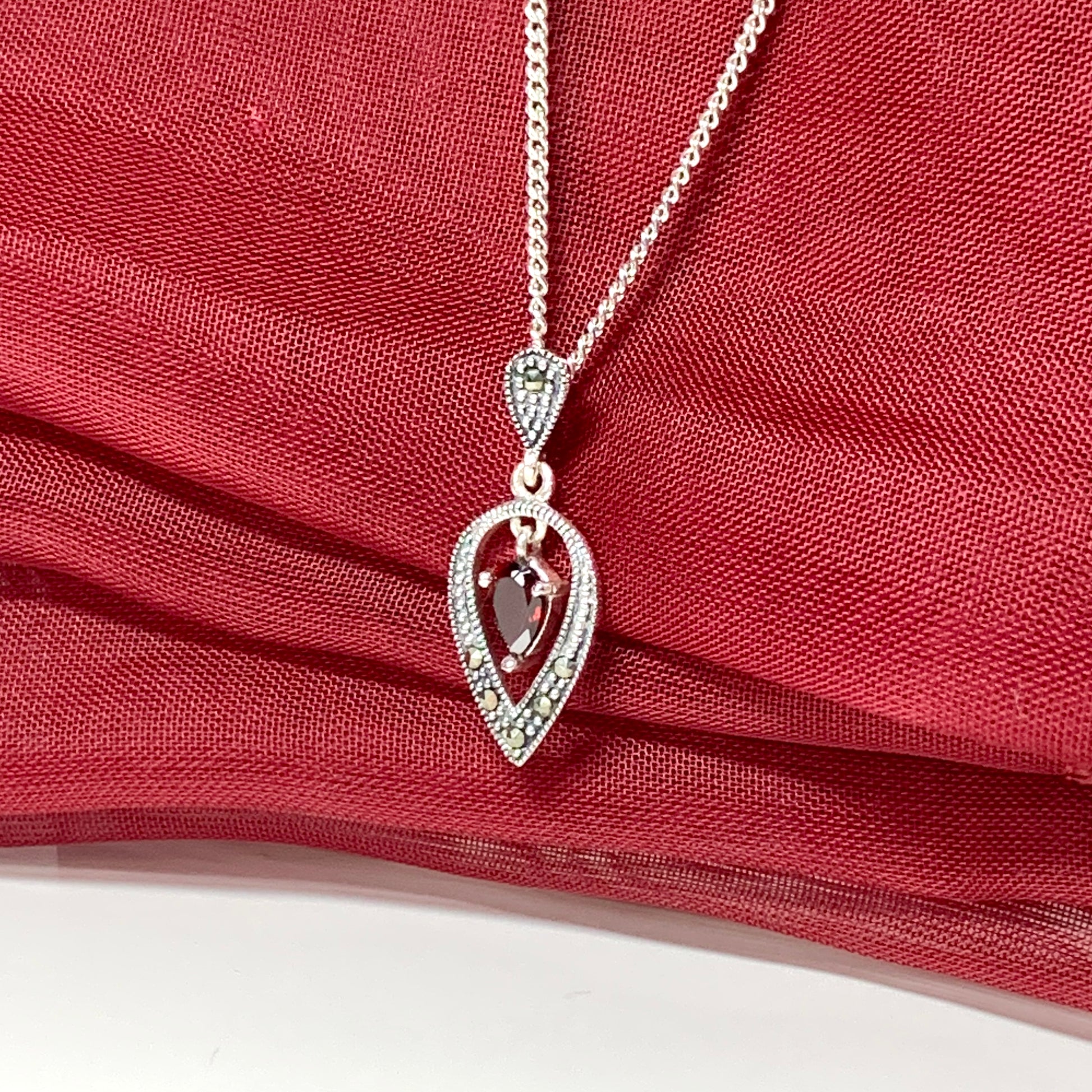 Real garnet necklace with marcasite sterling silver pendant