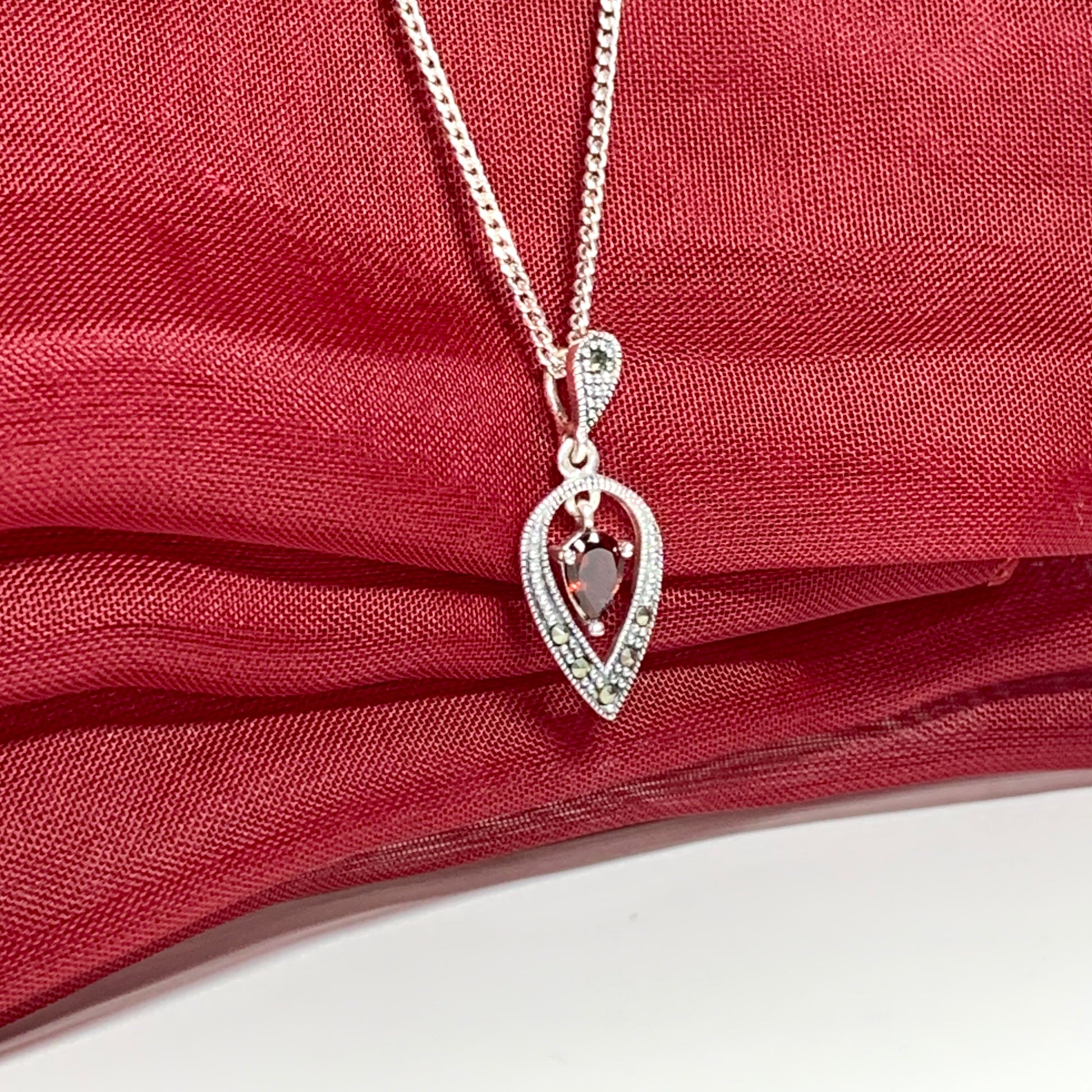 Real garnet necklace with marcasite sterling silver pendant