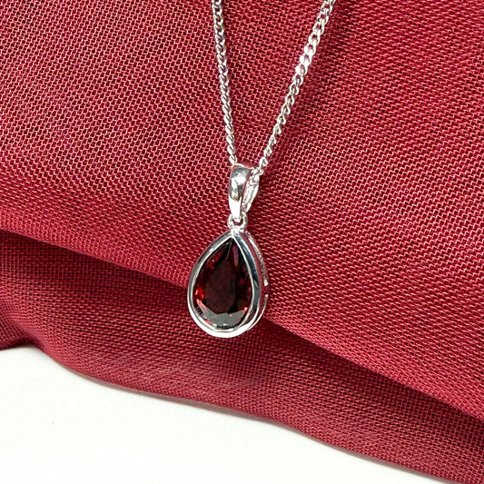 Real garnet necklace pear shaped white gold teardrop pendant