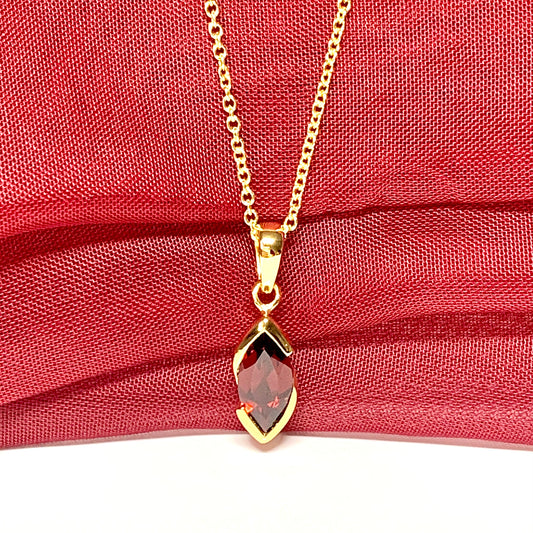 Real garnet red necklace pendant marquise smooth rubbed over setting sterling silver gilt