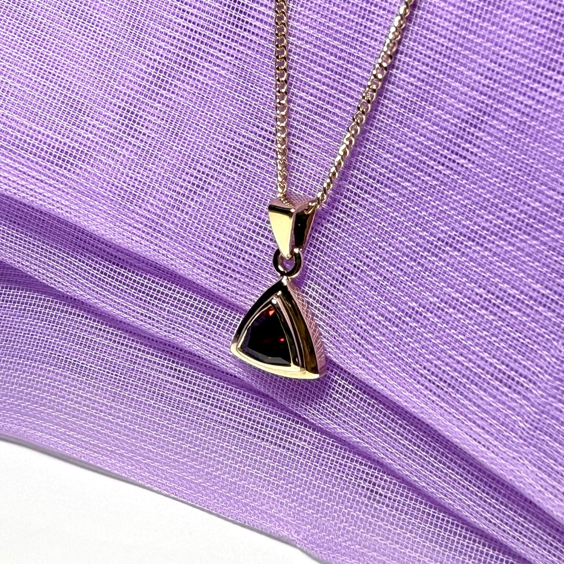 Real garnet necklace triangle shaped yellow gold pendant