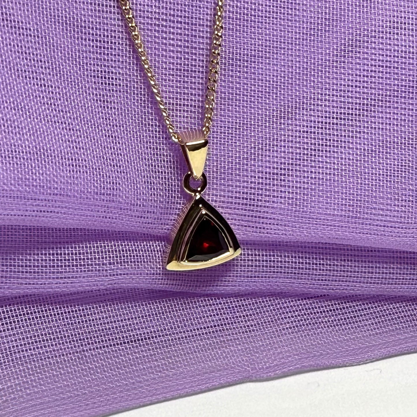 Real garnet necklace triangle shaped yellow gold pendant