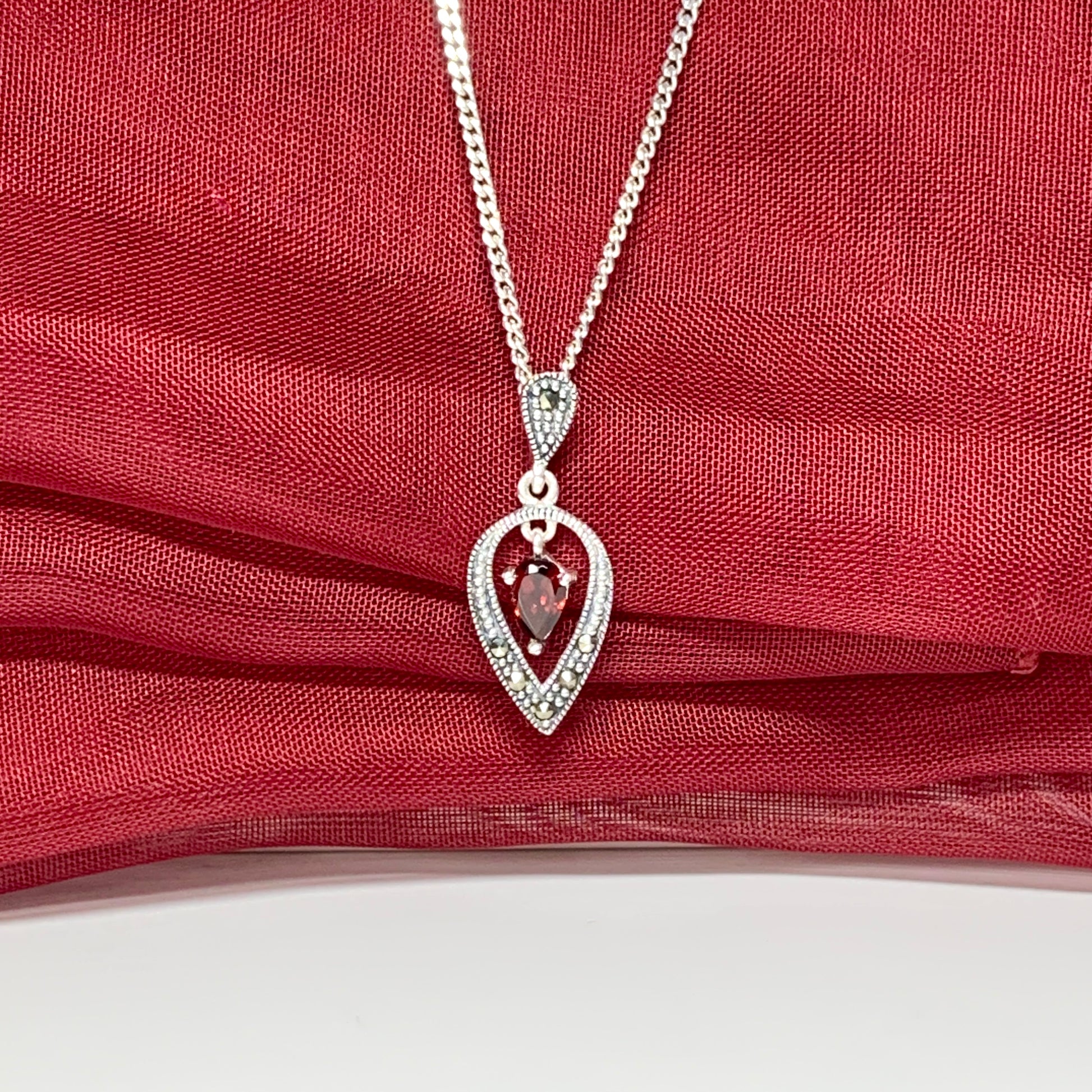 Real garnet necklace with marcasite sterling silver pendant
