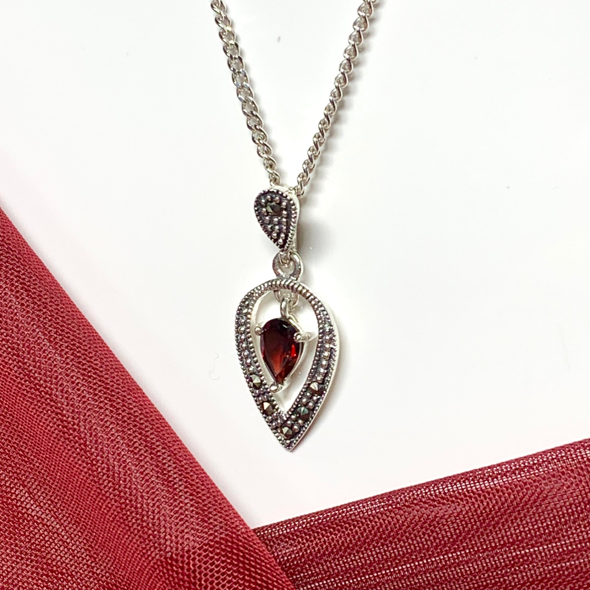 Real garnet necklace with marcasite sterling silver pendant