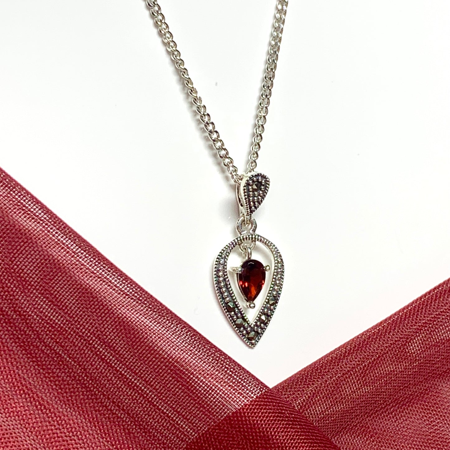 Real garnet necklace with marcasite sterling silver pendant
