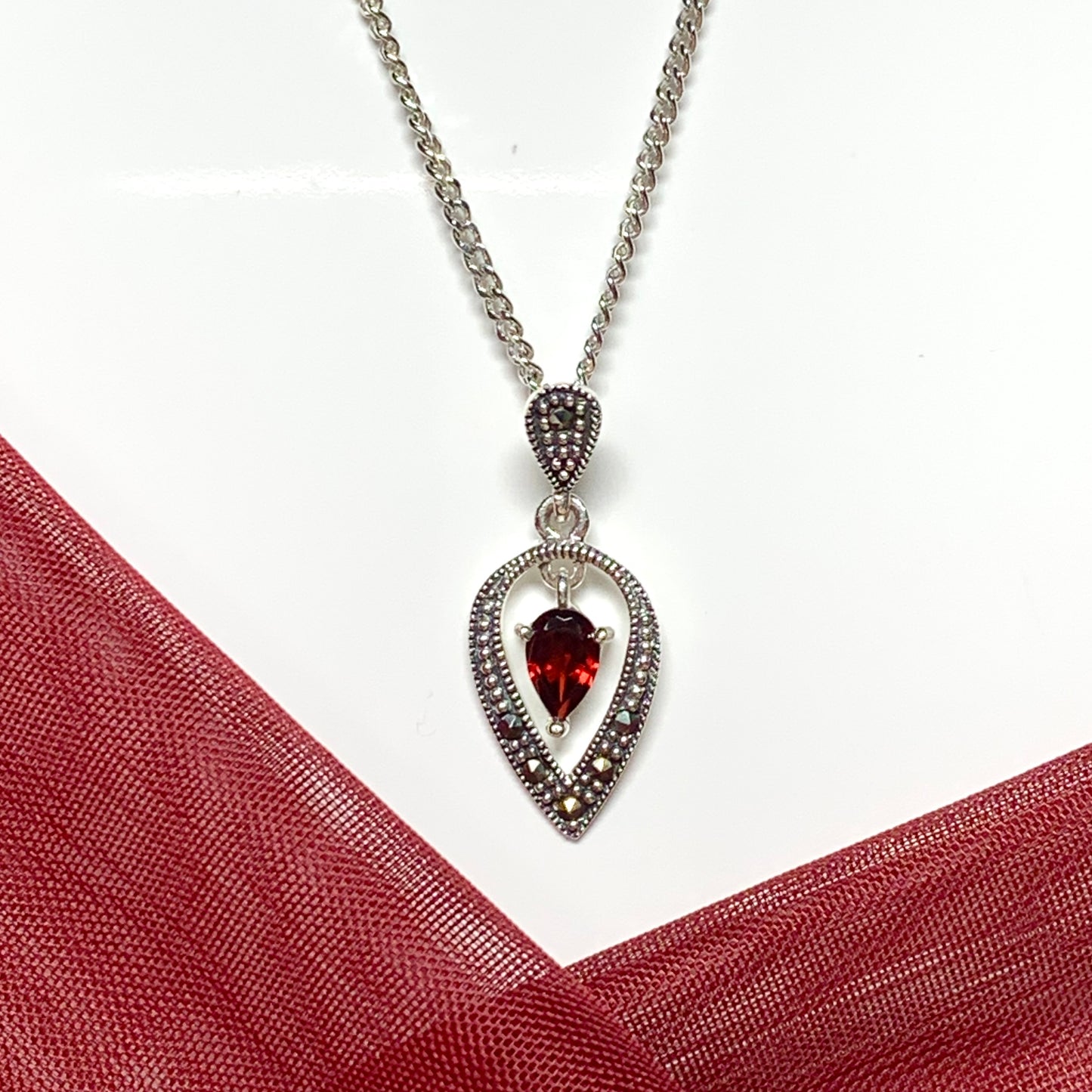 Real garnet necklace with marcasite sterling silver pendant