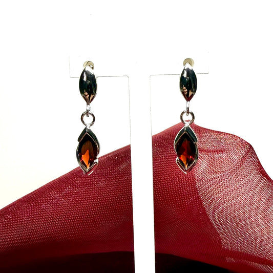 Real garnet sterling silver marquise shaped drop earrings