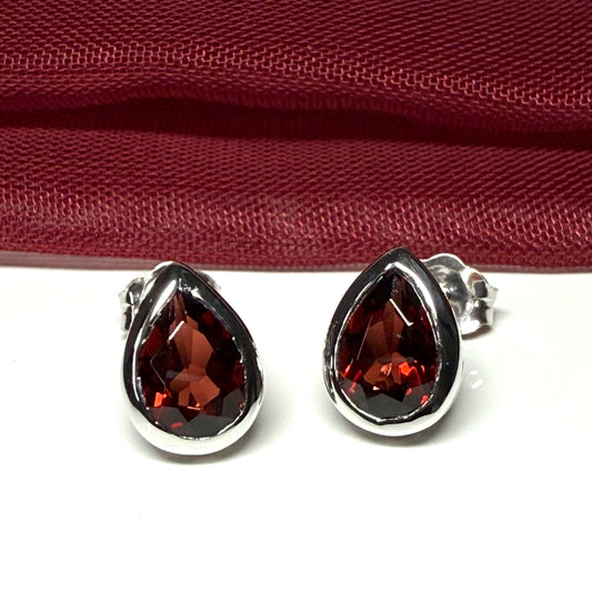 Real garnet stud earrings pear shaped white gold teardrop