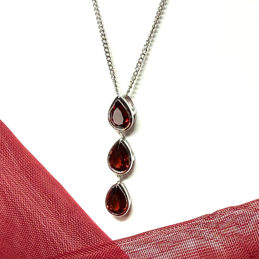 Real garnet triple necklace pear shaped white gold teardrop pendant