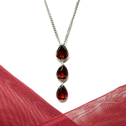 Real garnet triple necklace pear shaped white gold teardrop pendant