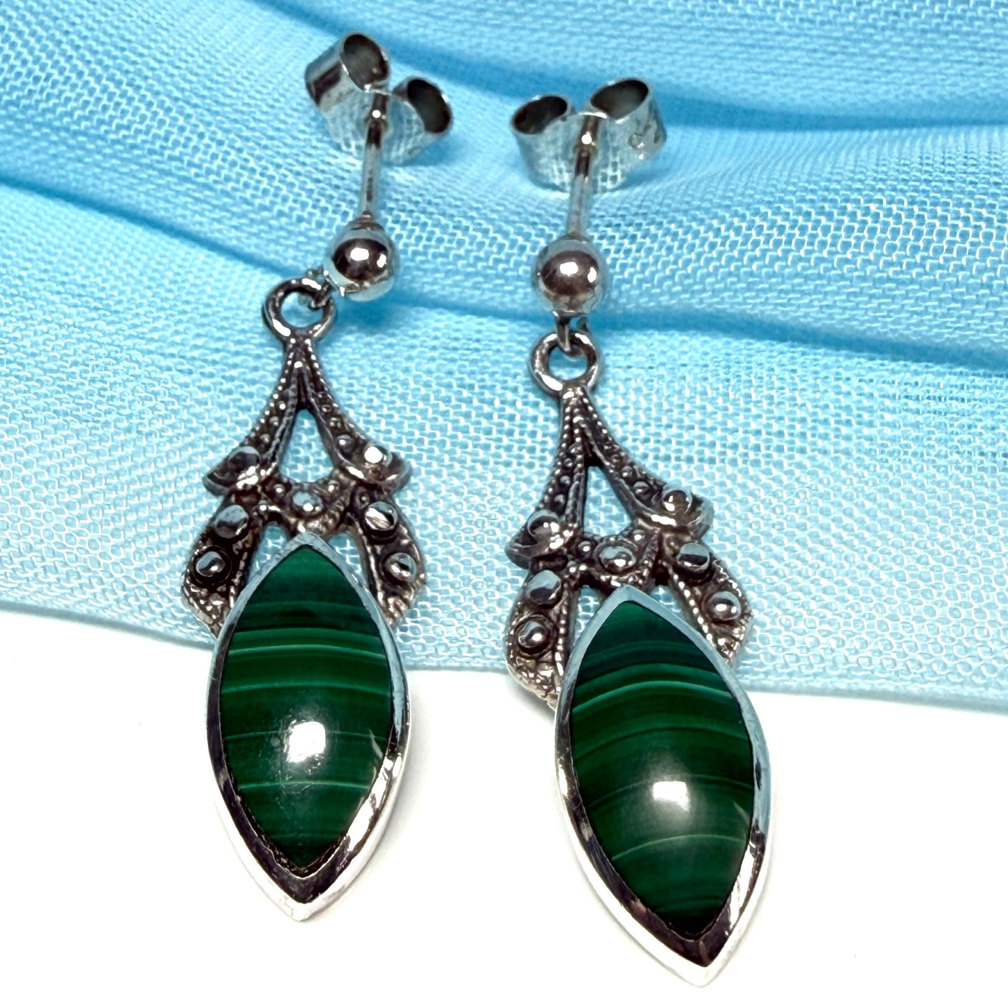Real green agate marquise shaped drop earrings sterling silver