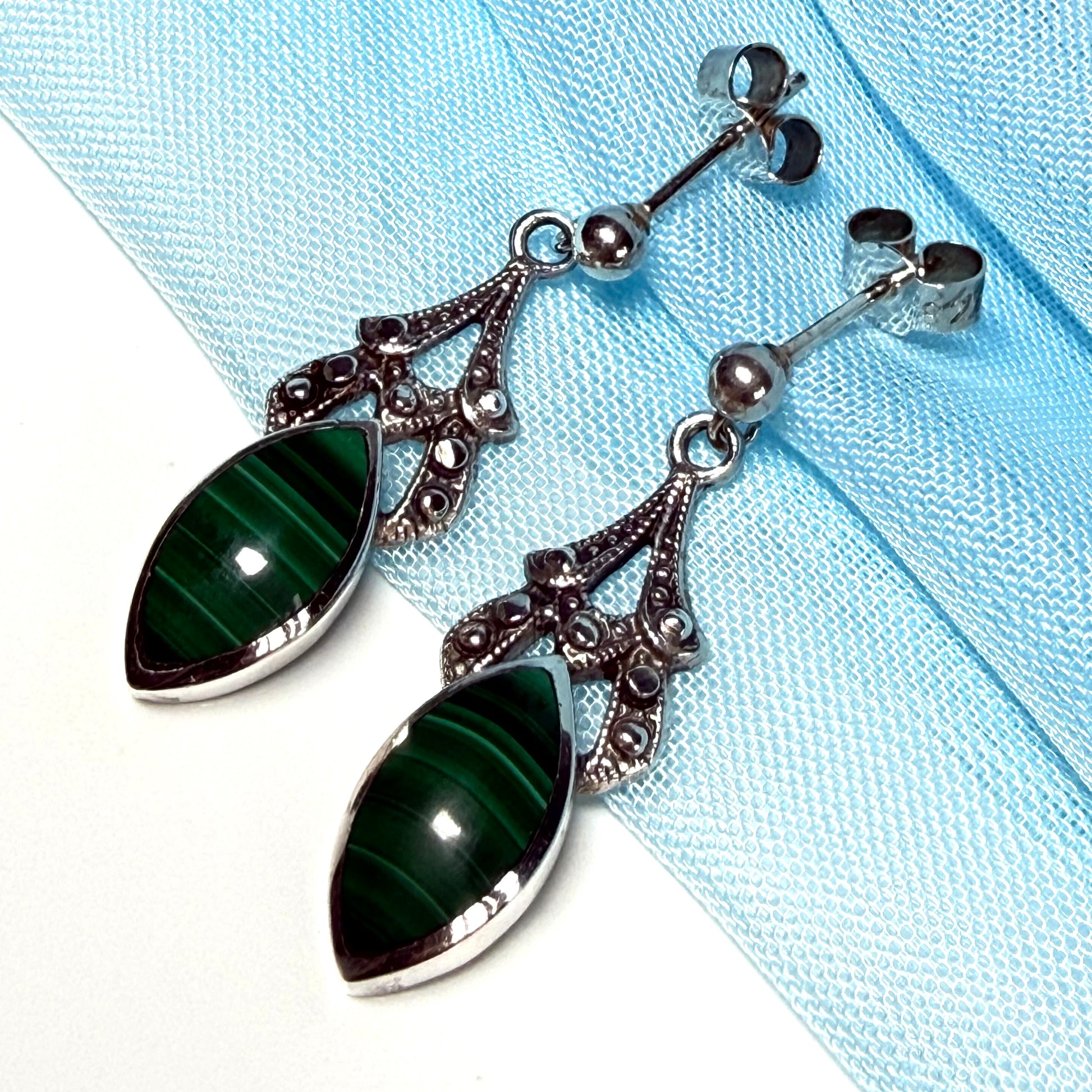 Real green agate marquise shaped drop earrings sterling silver