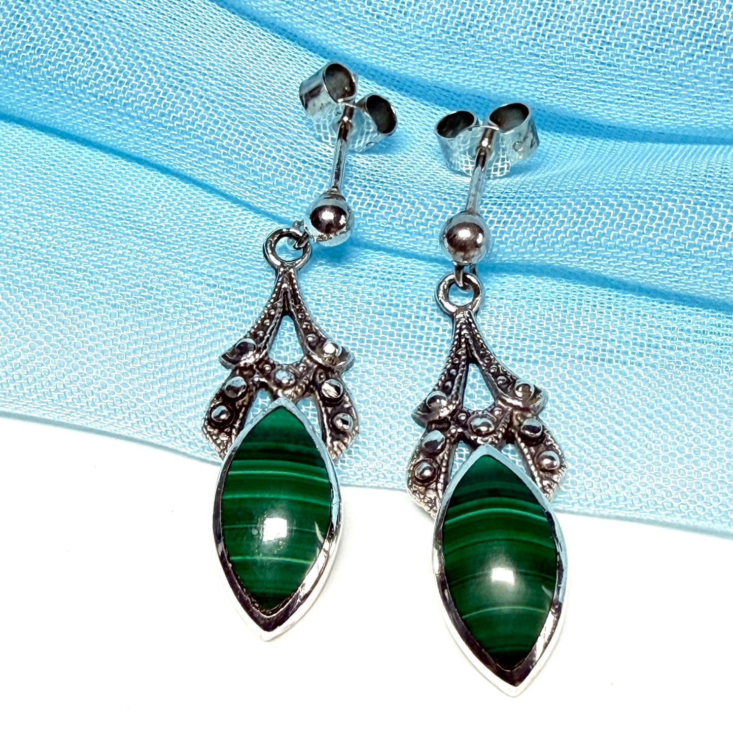 Real green agate marquise shaped drop earrings sterling silver