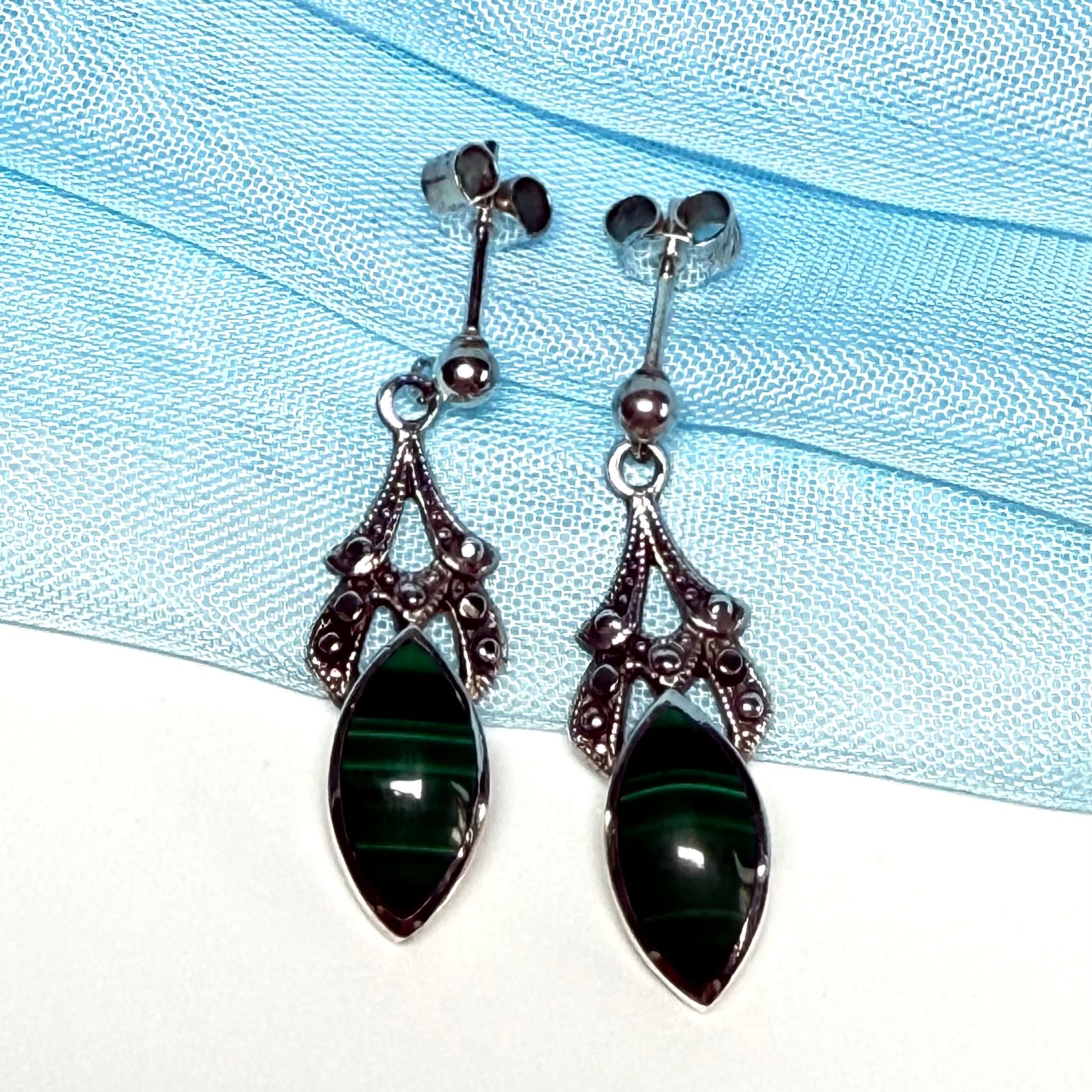 Real green agate marquise shaped drop earrings sterling silver