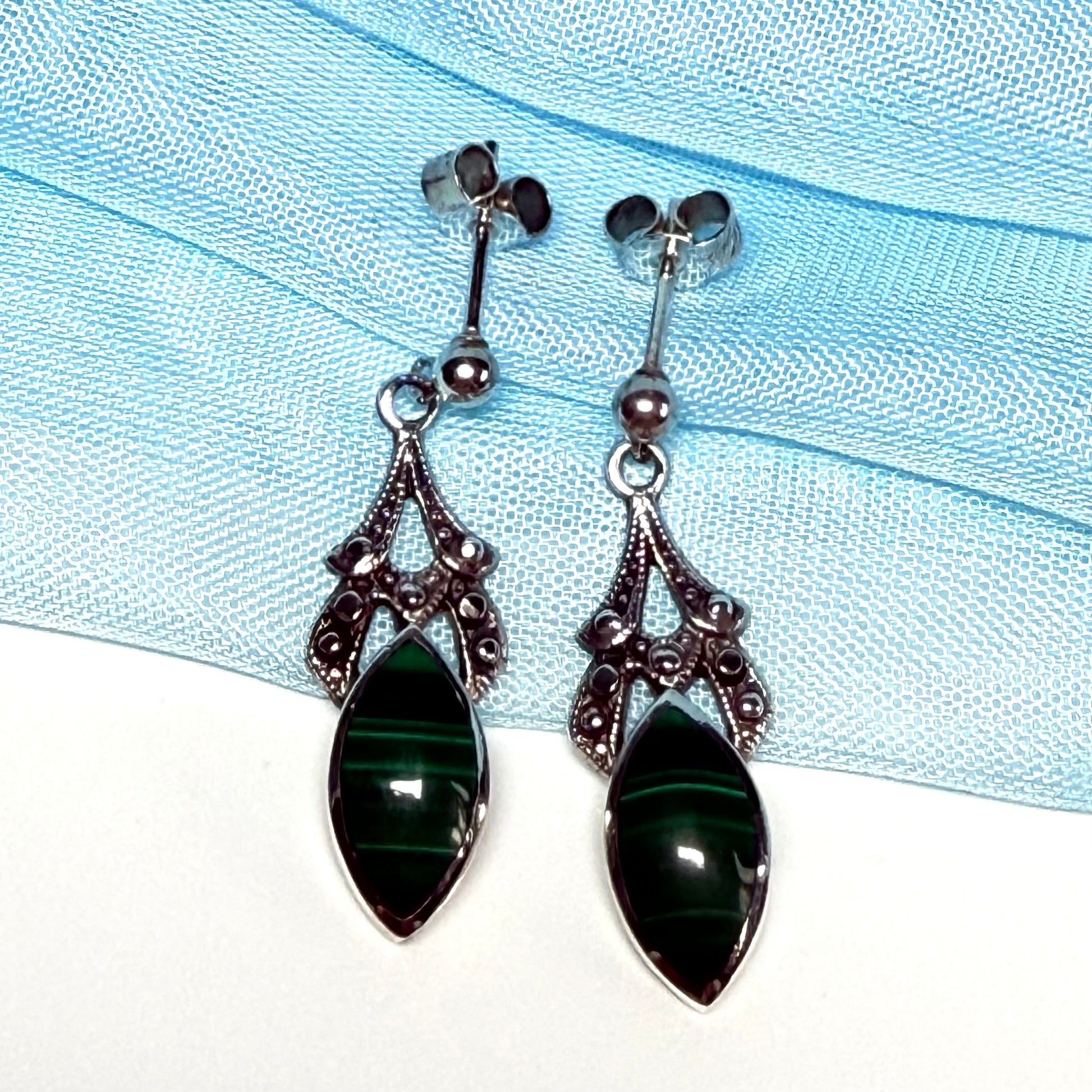 Real green agate marquise shaped drop earrings sterling silver