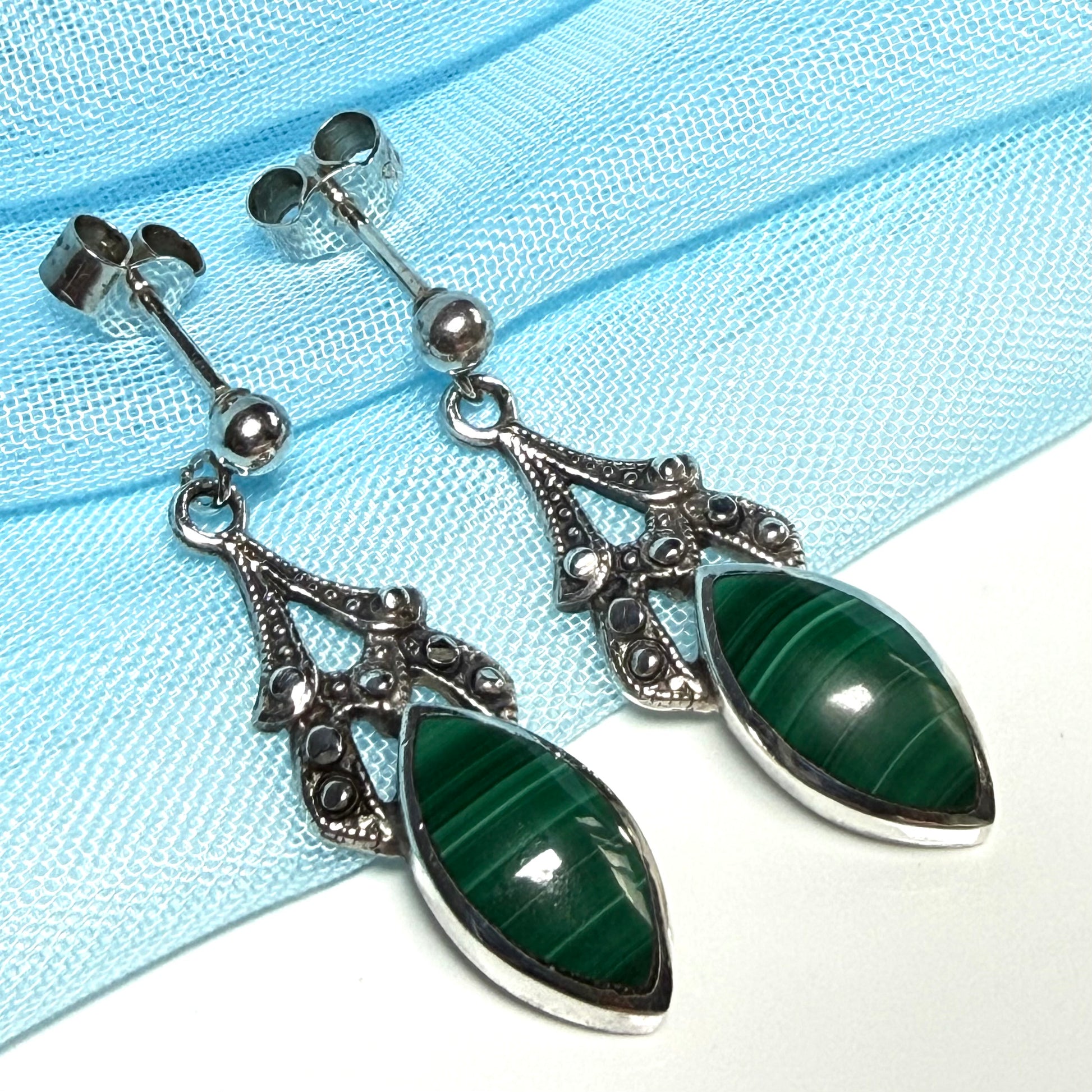 Real green agate marquise shaped drop earrings sterling silver