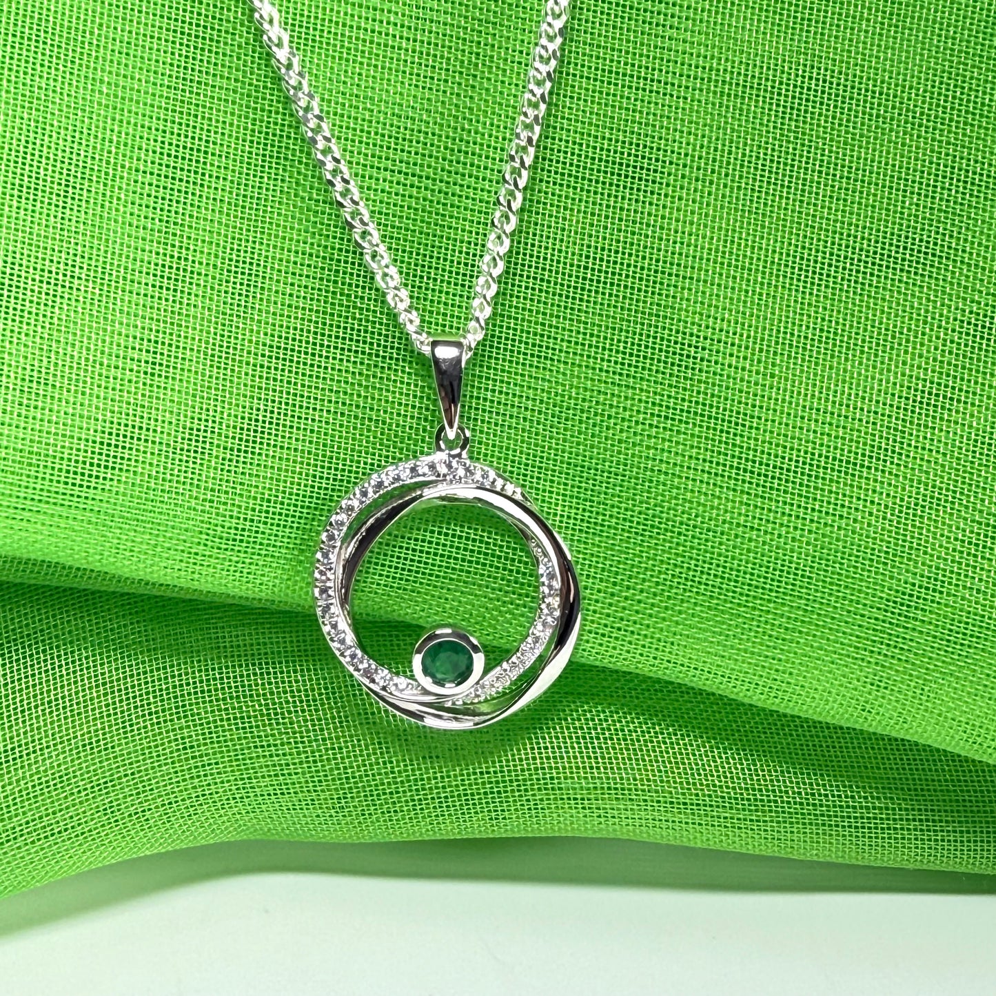 Real green emerald and cubic zirconia round necklace swirl pendant