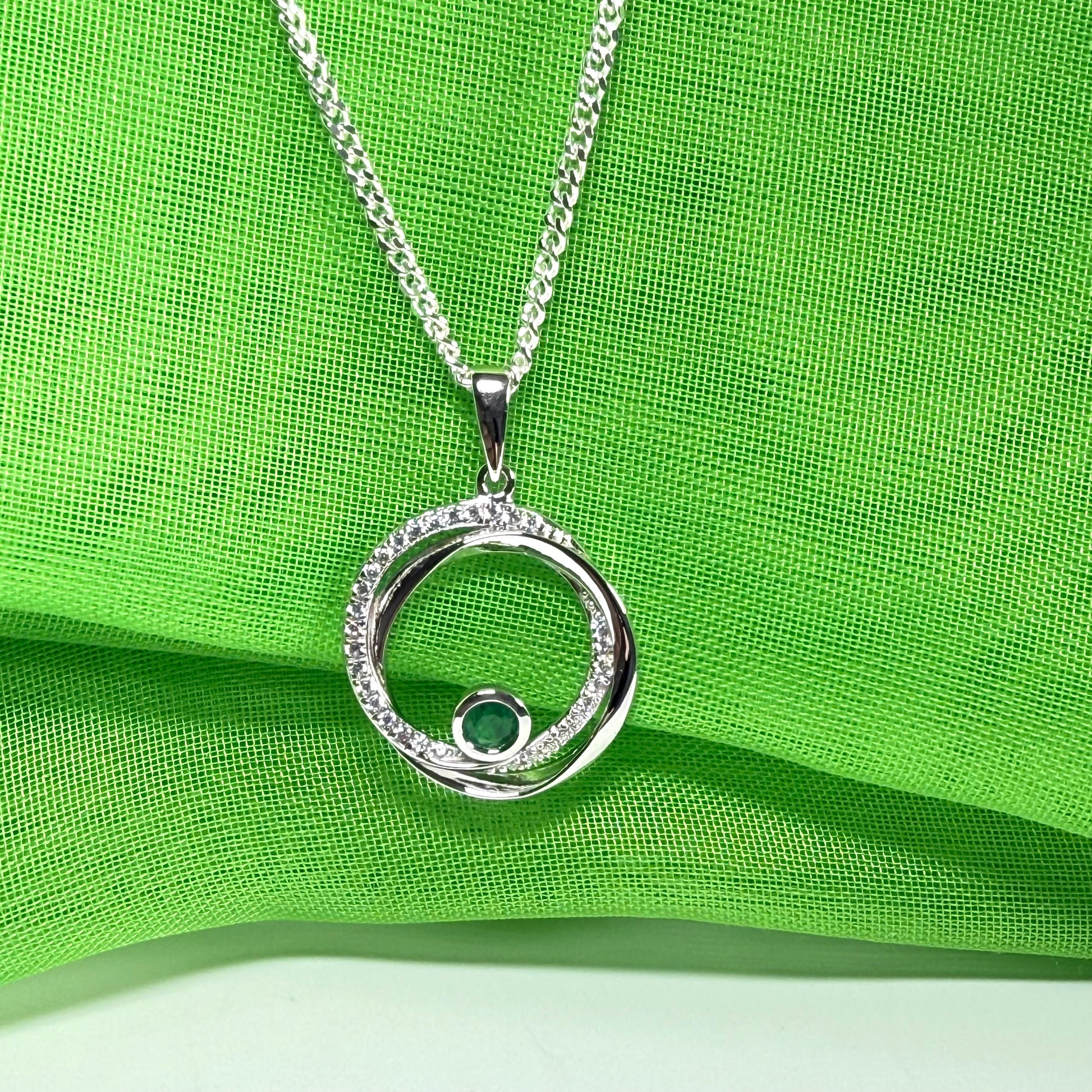 Real green emerald and cubic zirconia round necklace swirl pendant