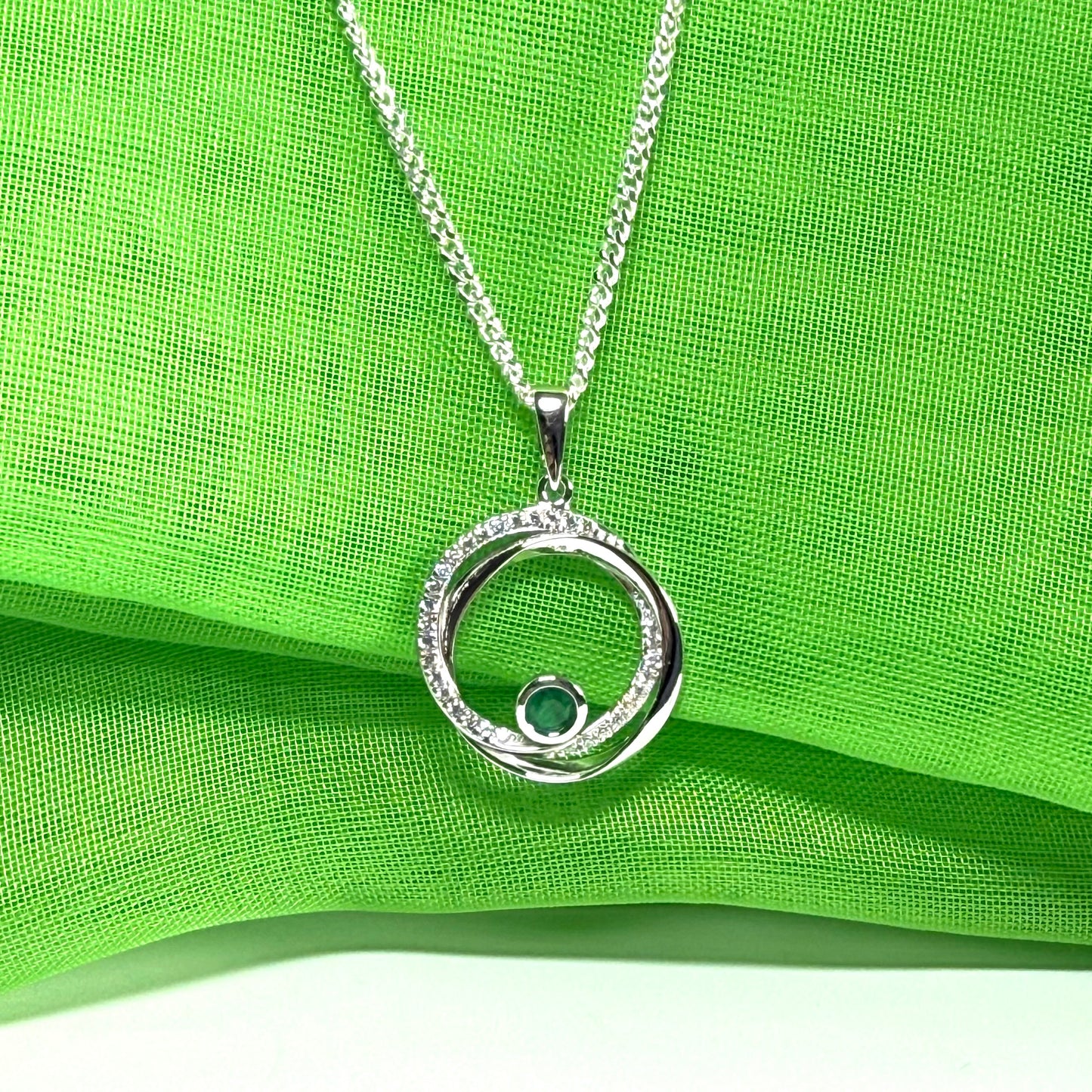 Real green emerald and cubic zirconia round necklace swirl pendant