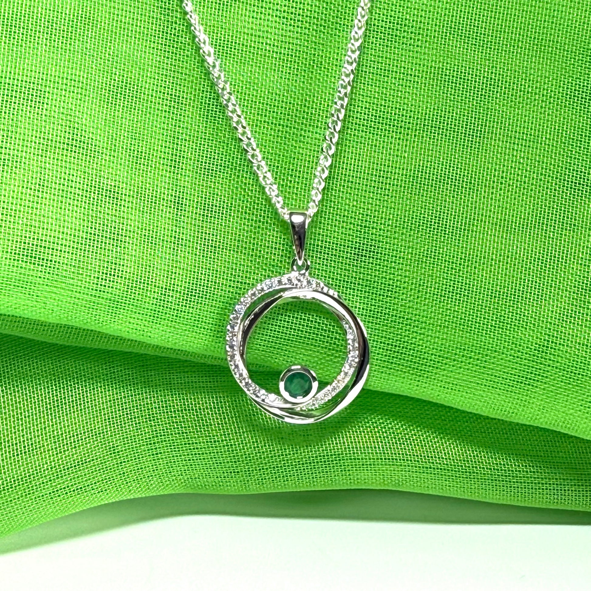 Real green emerald and cubic zirconia round necklace swirl pendant